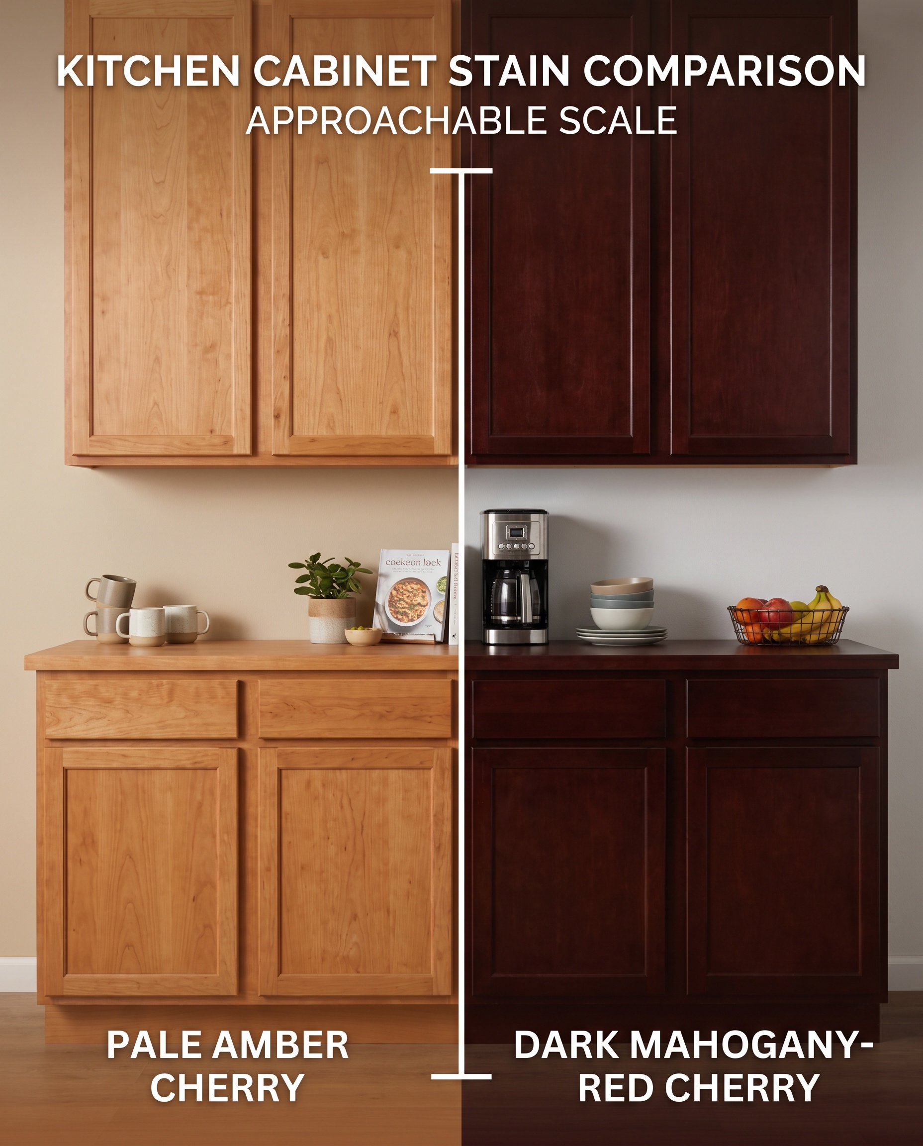 A side-by-side comparison displays pale amber natural cherry wood cabinets next to heavily stained dark mahogany-red cherry cabinets against simple neutral walls.