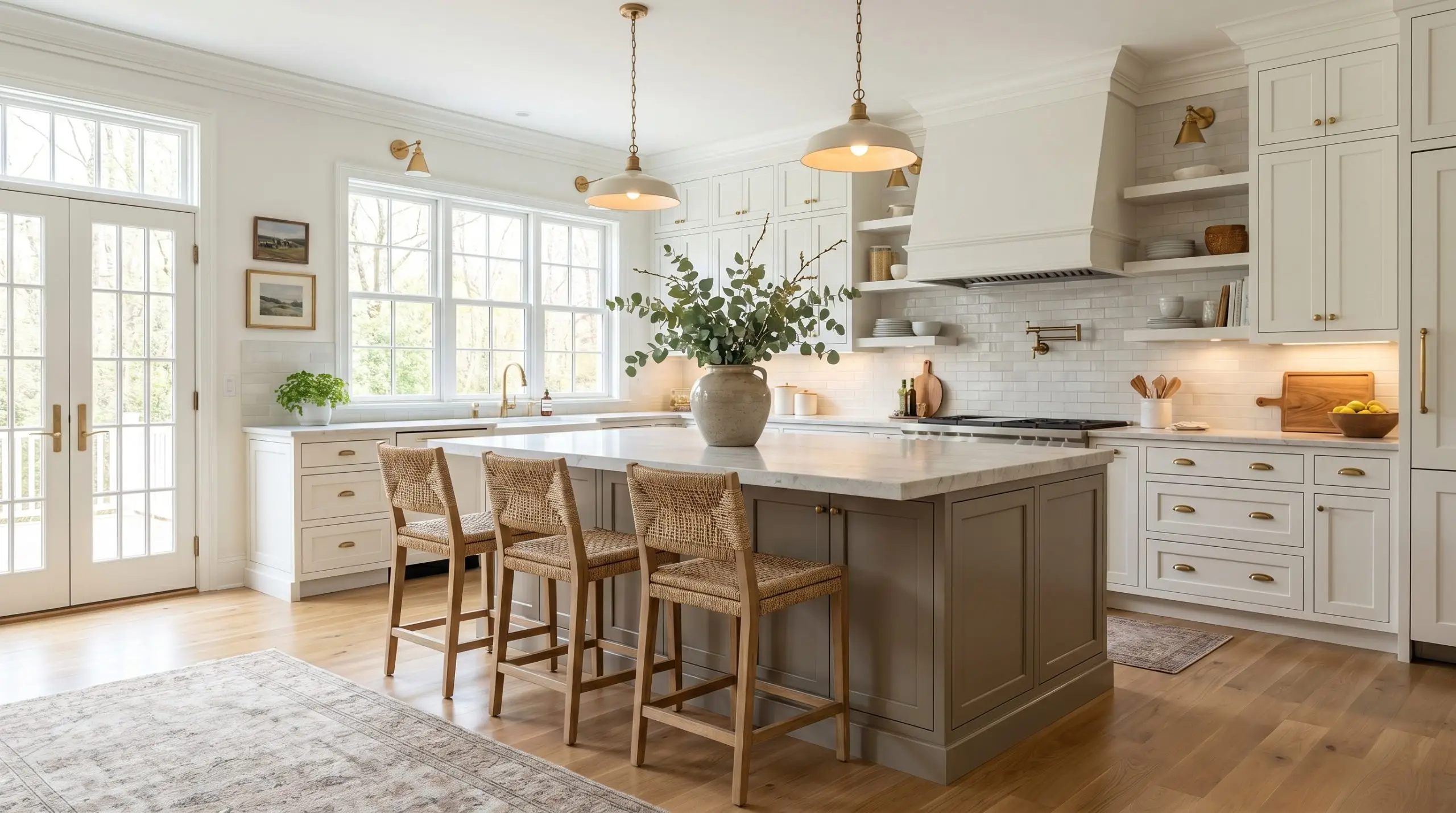 A deeply pigmented mushroom island grounds this warm greige kitchen, contrasting with crisp White Dove perimeter cabinetry, honed marble countertops, and woven counter stools.