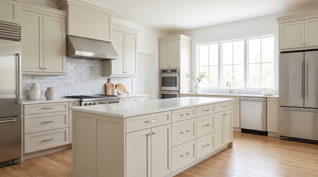 Custom millwork showcasing the best benjamin moore cabinet paint colors warms up a crisp marble subway tile backsplash and stainless steel appliances.
