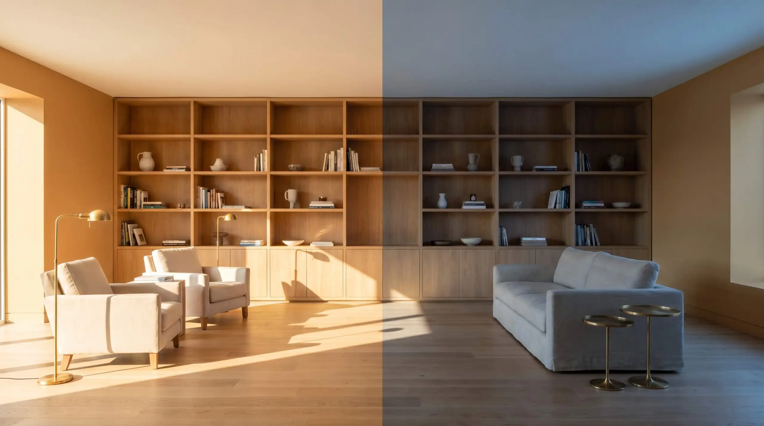 A split-screen lighting comparison shows continuous built-in shelving and oak floors, shifting from a bright sun-baked ochre in Southern light to a stabilized earthy mid-tone in Northern shadow.
