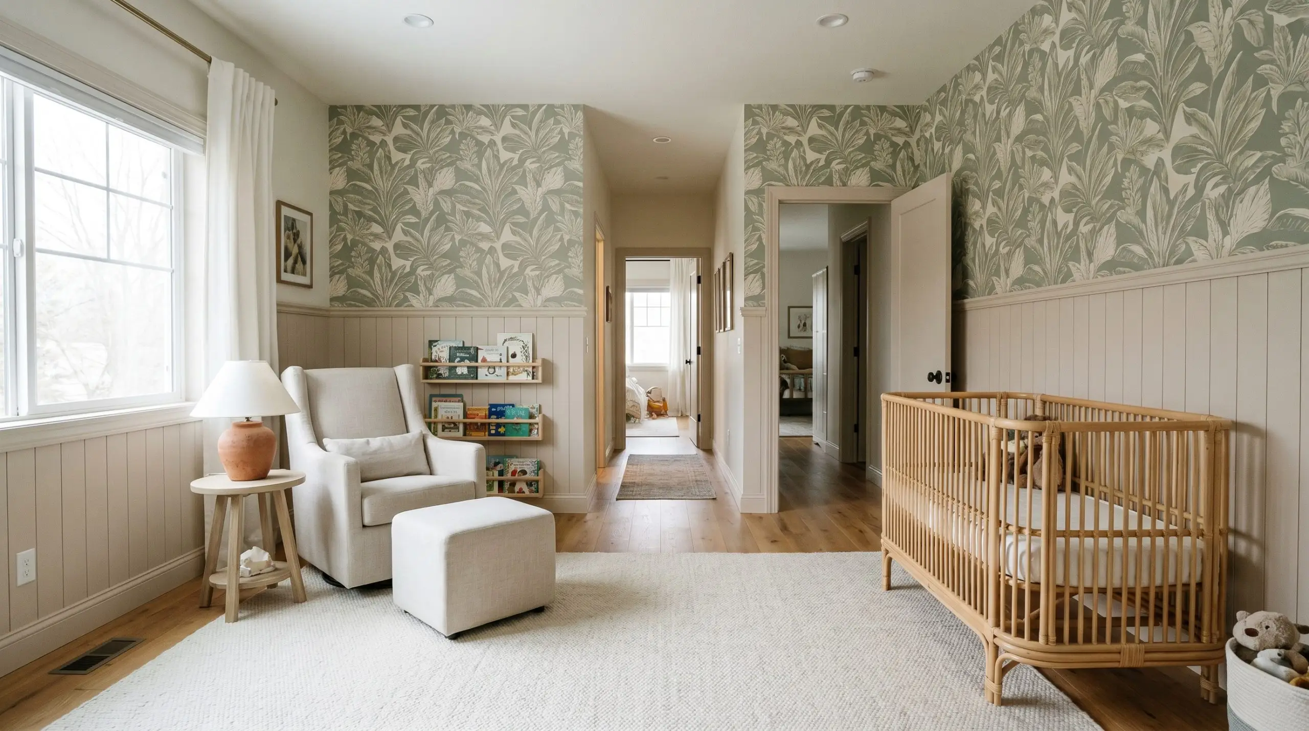 A natural rattan crib rests on a cool ivory rug beside traditional beadboard wainscoting and large-scale muted sage botanical wallpaper.