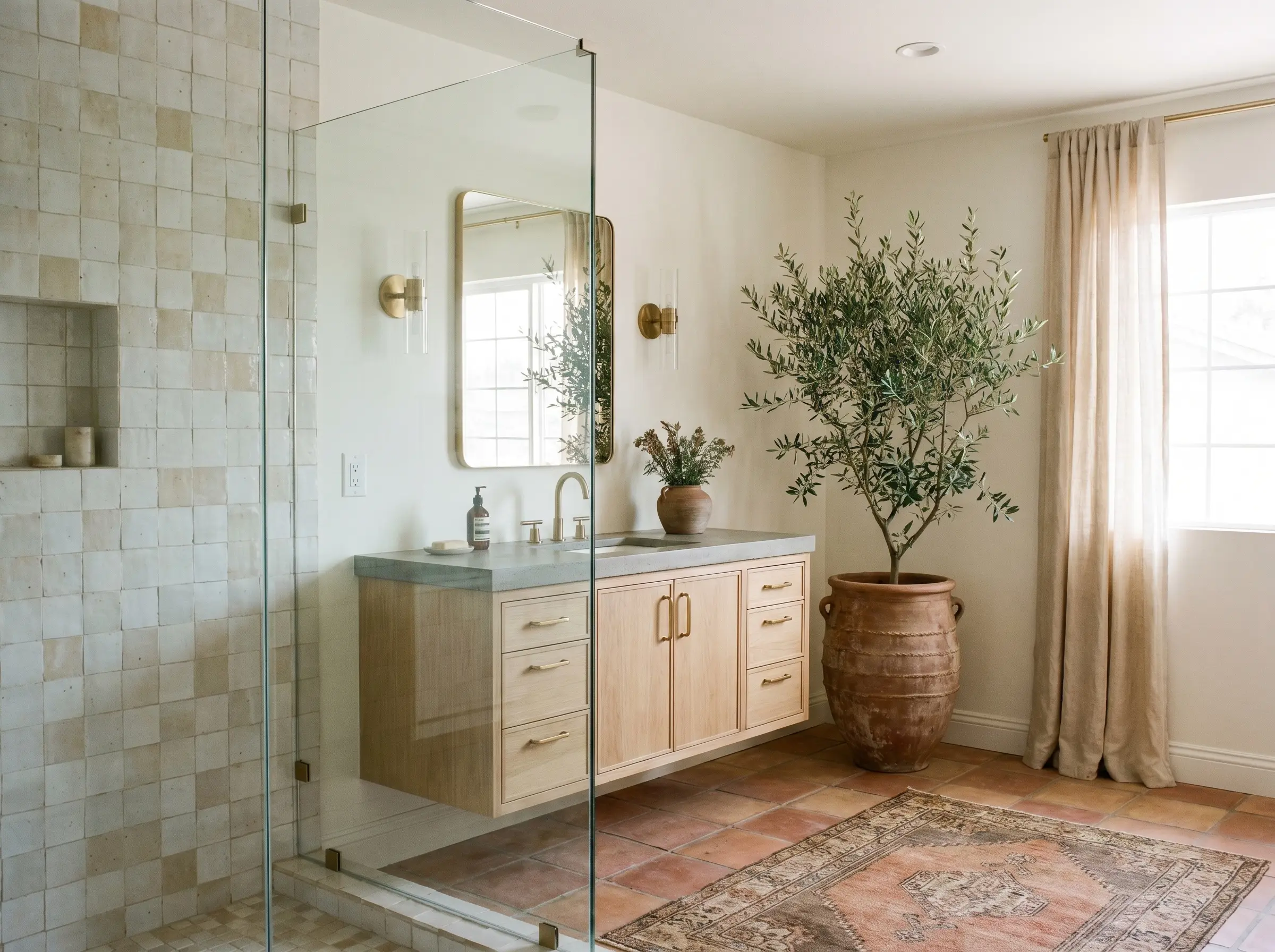 A frameless glass enclosure surrounds weathered white and natural sand clay tiles positioned next to a floating natural white oak vanity with burnished brass pulls.
