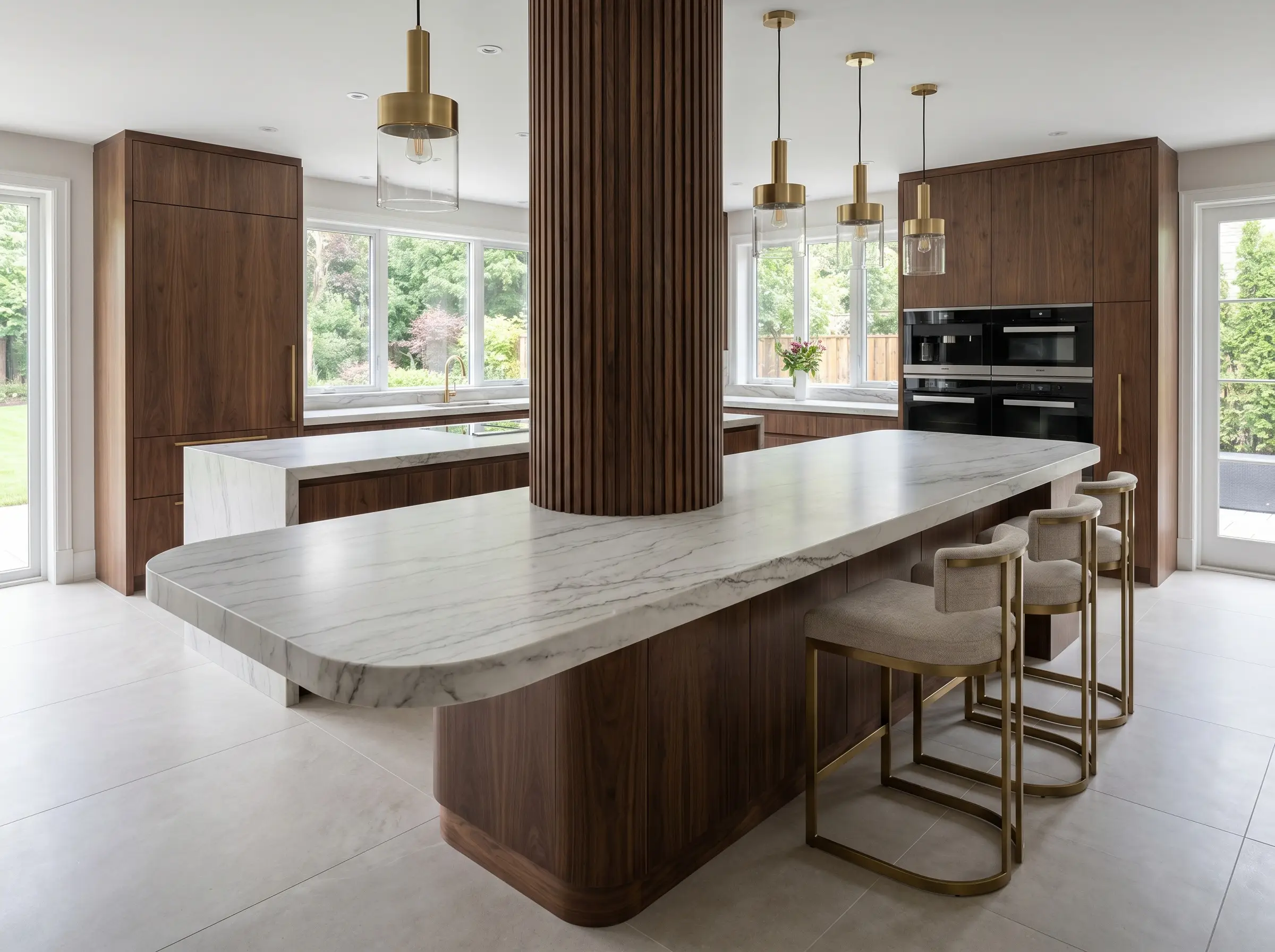 A luxurious natural stone kitchen island countertop extends outward to fully engulf the base of an interior column wrapped in fluted wood paneling.