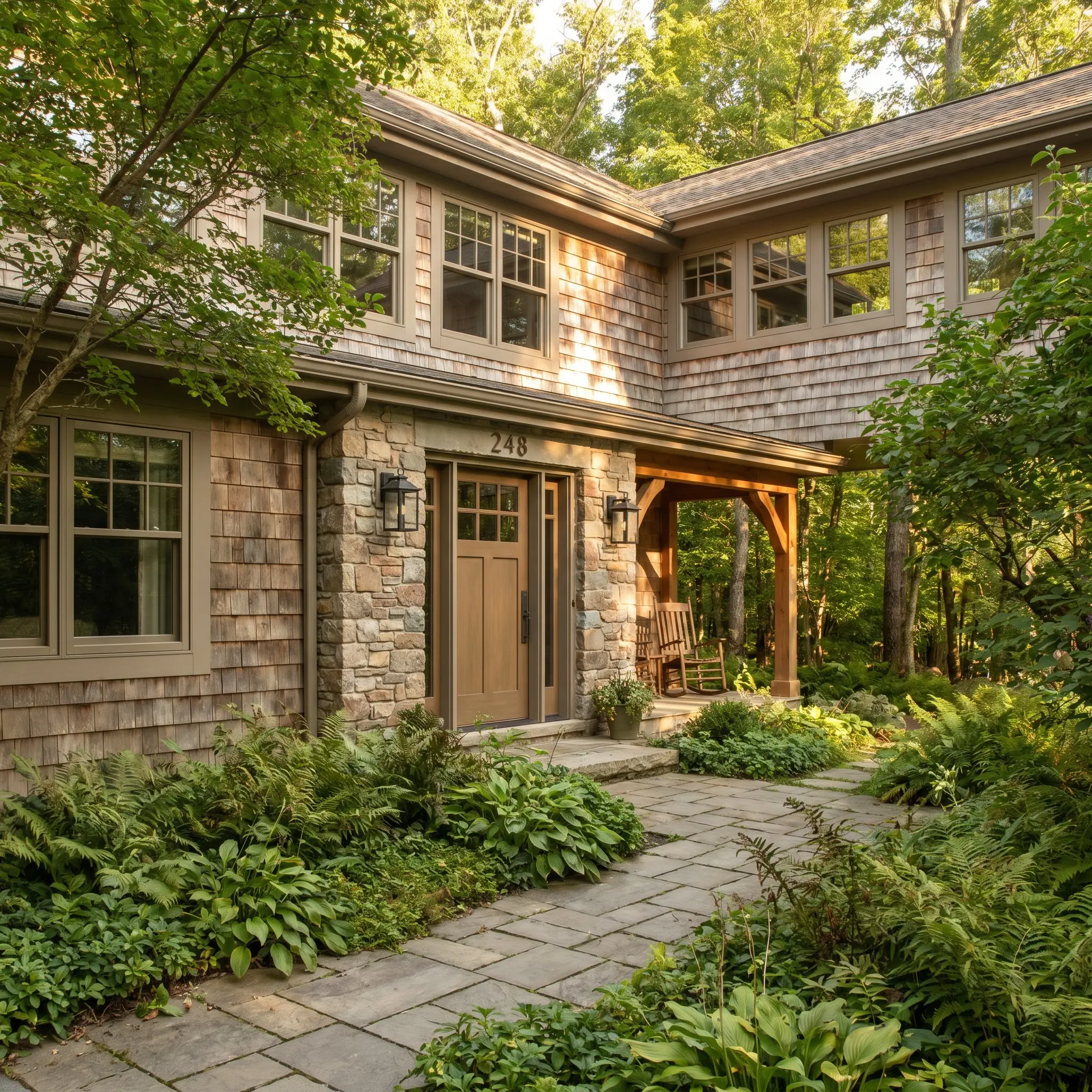 An organic mushroom tone coats the architectural trim and front door of an exterior facade built from natural stone and weathered cedar shingles.