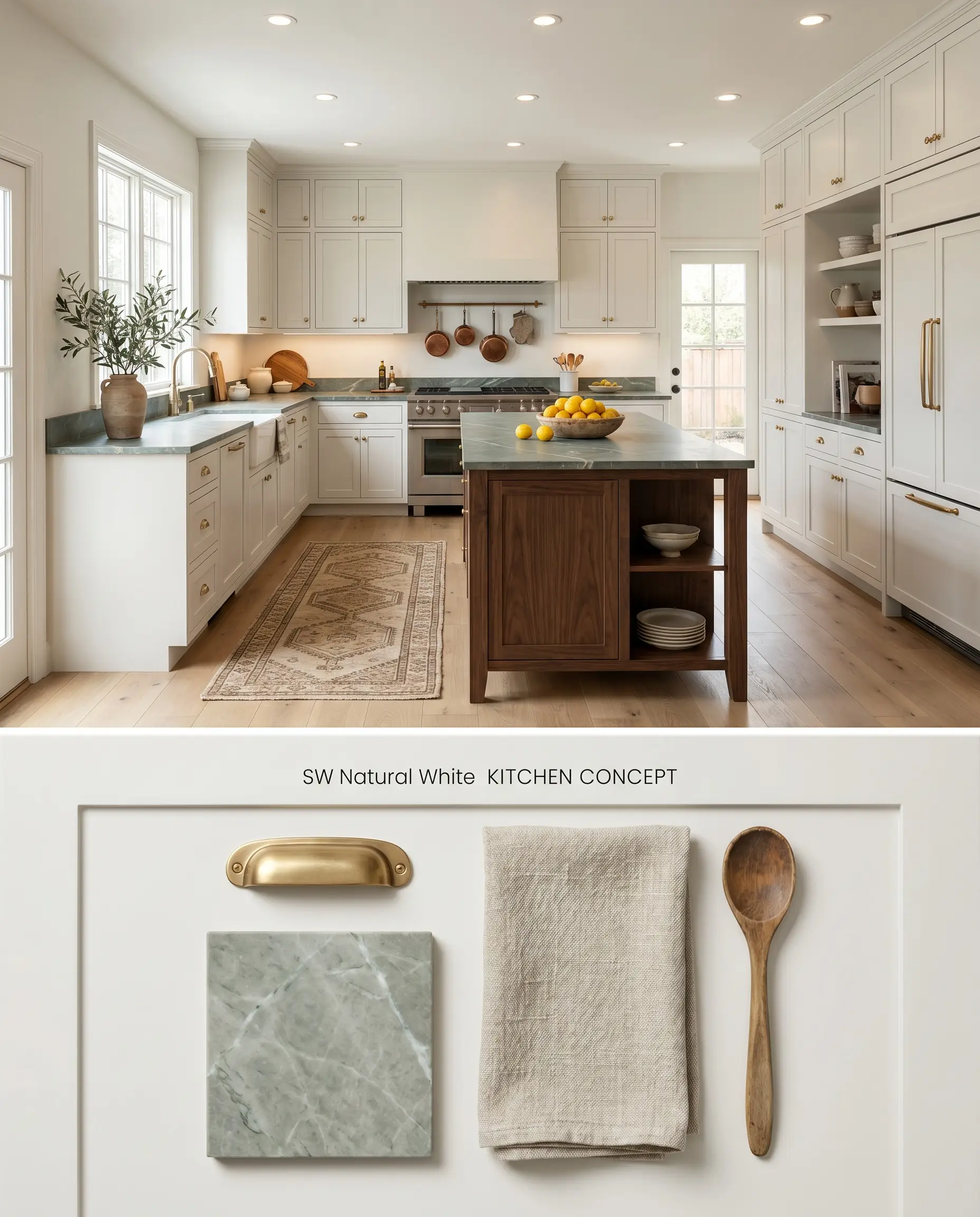 A split digital conceptual board for a Sherwin-Williams Natural White kitchen displaying painted cabinetry above a physical flat-lay of honed soapstone and unlacquered brass.