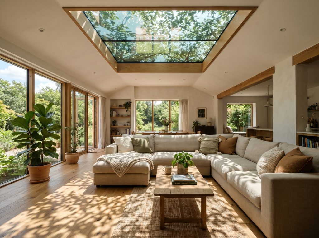 An electrochromic smart skylight casts moving tree canopy shadows across warm oak floorboards and a low-profile linen sectional in this 2026 biophilic living room design trends interior.
