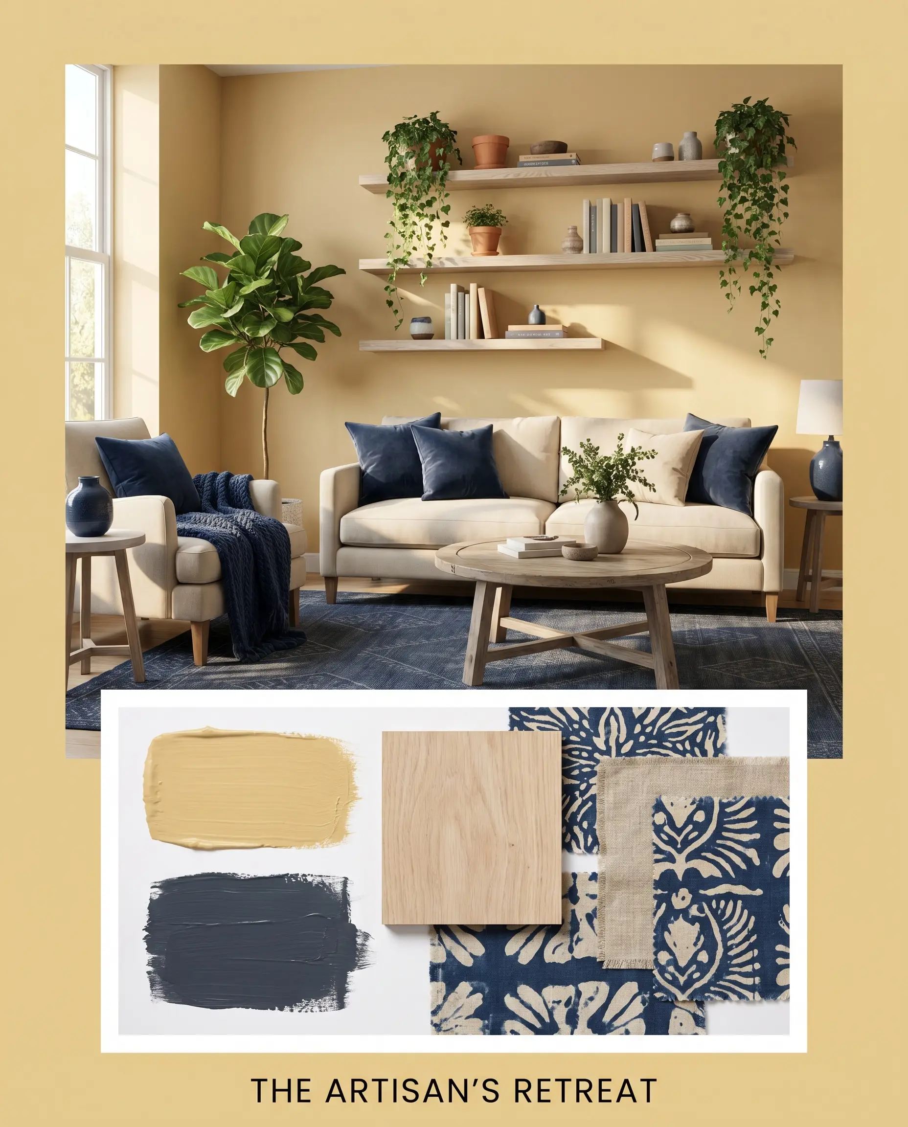 A magazine layout showcases a sun-drenched living space with deep navy blue accents above an inset flat-lay of bleached oak wood and block-print textile swatches.