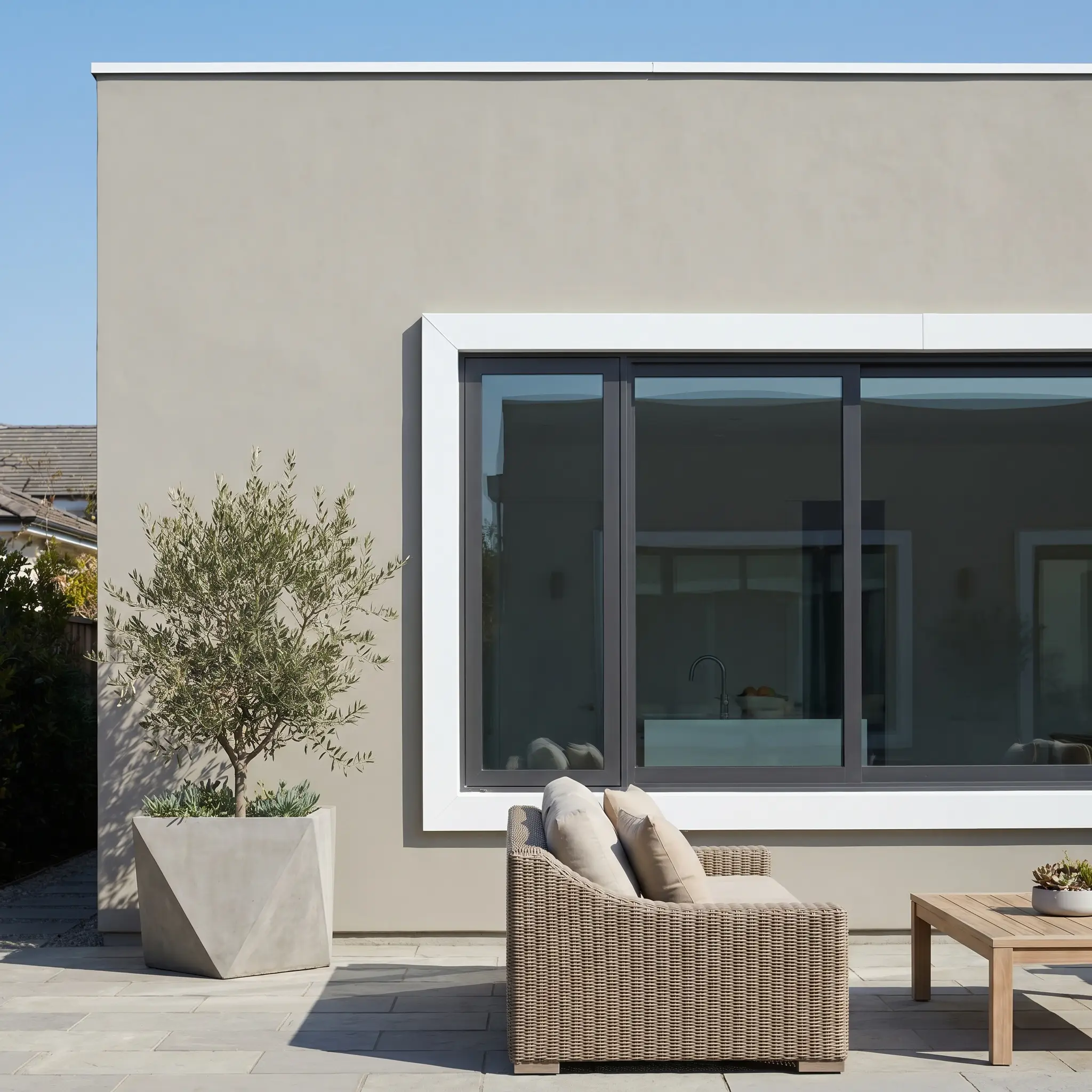 A neutral greige painted exterior wall borders pure white window trim next to an outdoor lounge chair and a structural planter.