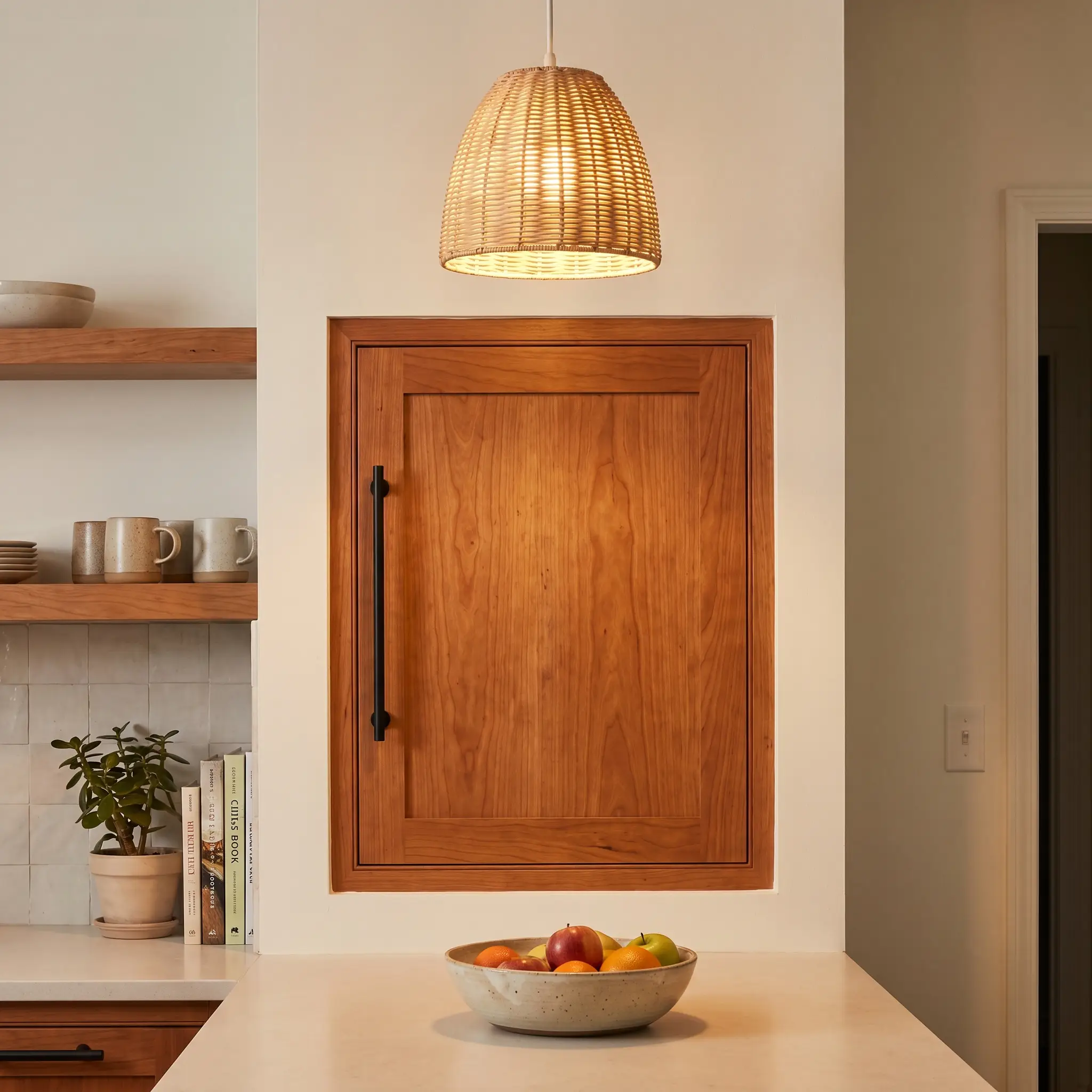 A warm light fixture illuminates sleek matte black hardware pulls, demonstrating how neutral paint colors that go with cherry wood cabinets modernize the space.