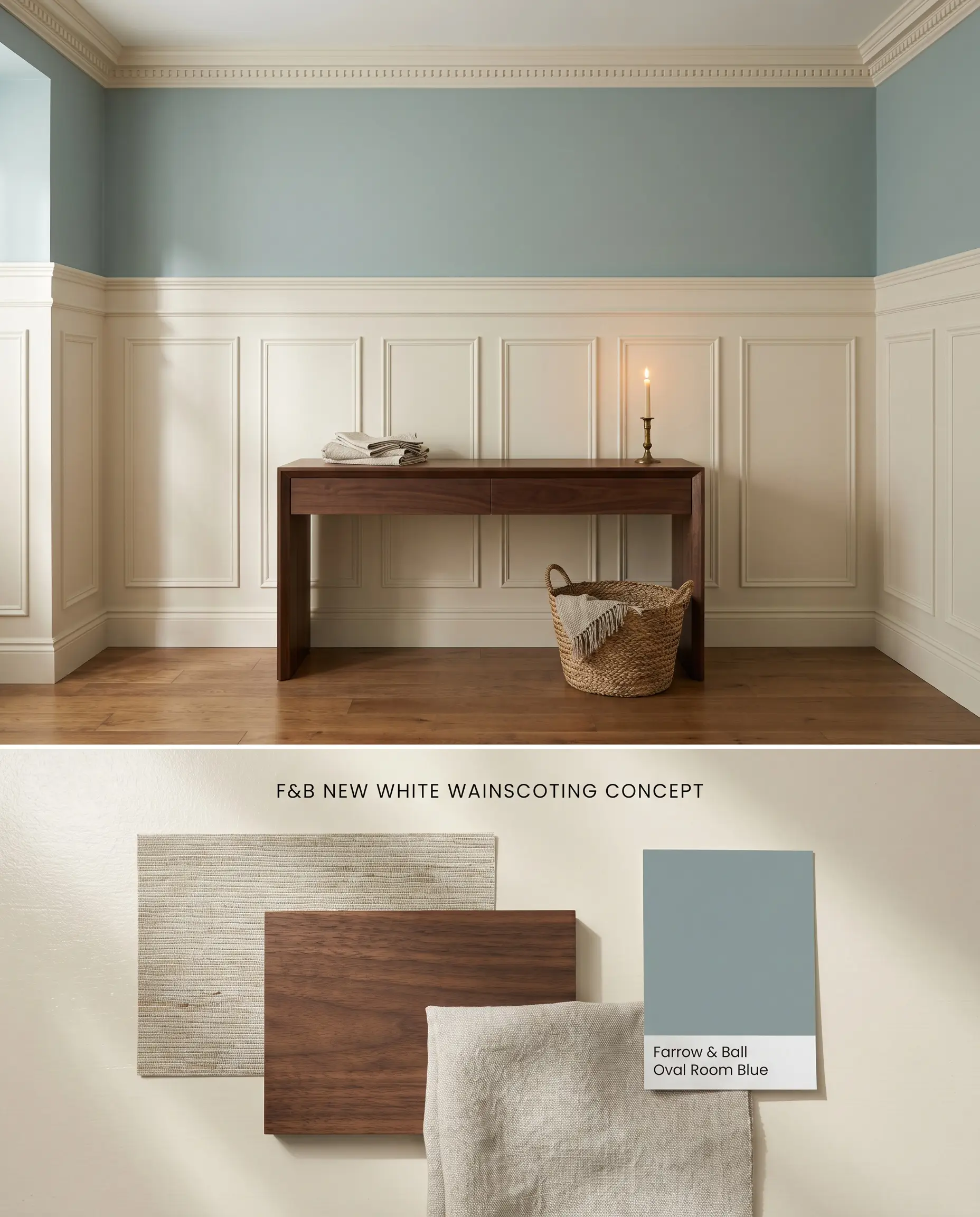 A split digital conceptual board for a traditional space featuring creamy architectural wainscoting below blue upper walls, anchored by a grasscloth and walnut flat-lay.