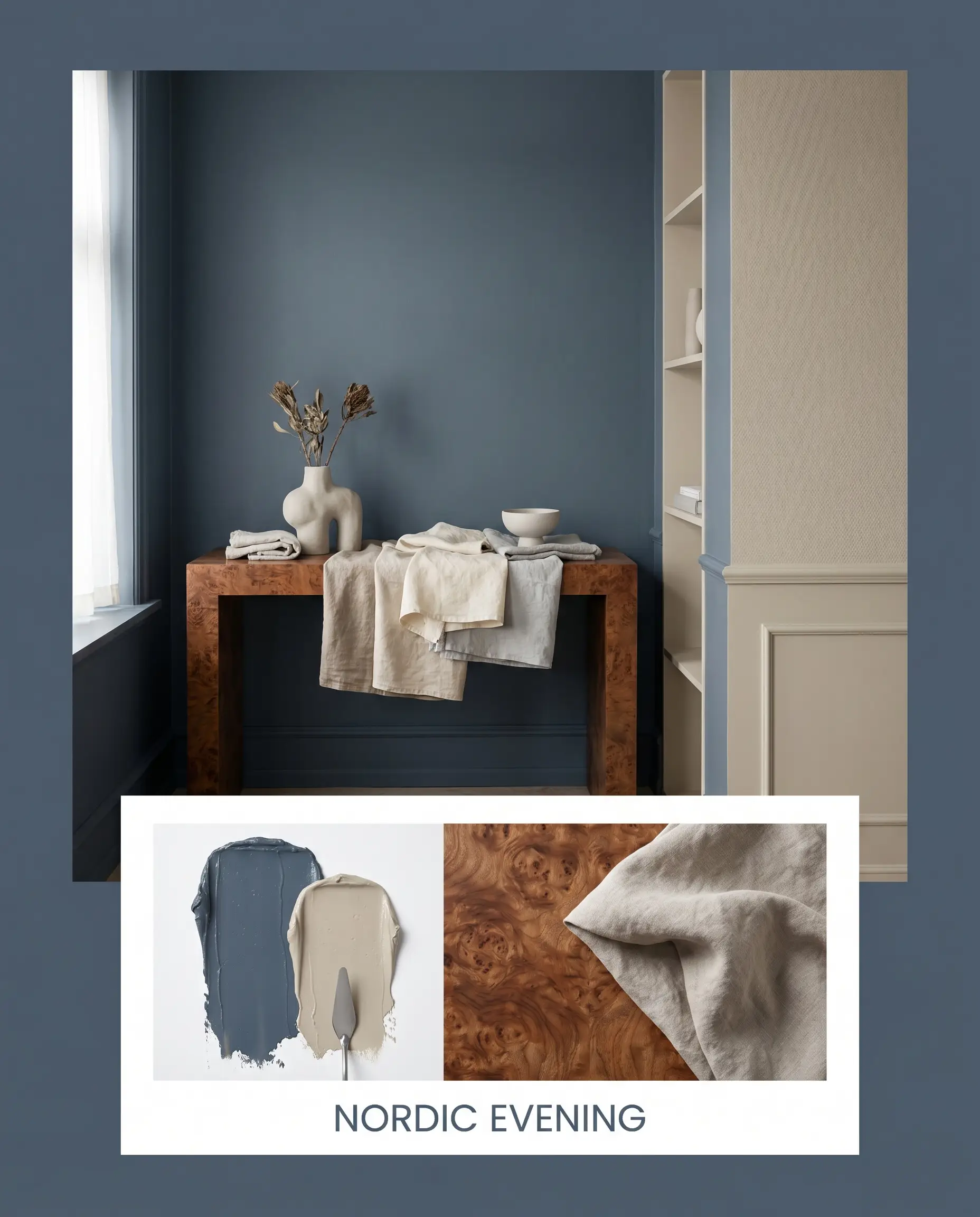 A burled wood console table styled with minimalist sculptural ceramics sits against rich transitional navy walls in an editorial concept board featuring washed linen and warm neutral accents.