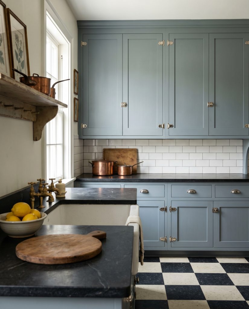 Dusty blue satin finish cabinetry authentically replicates heritage design alongside polished nickel latch hardware, classic white subway tile, and a vintage cast iron sink.