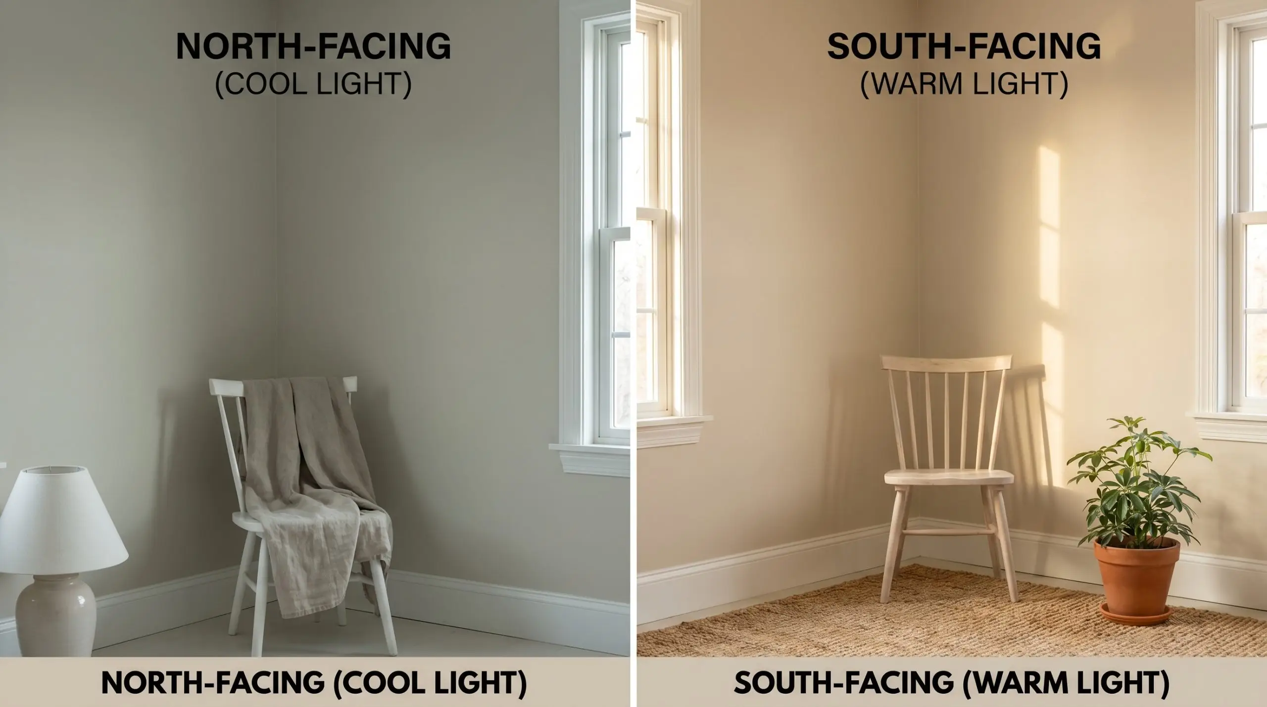 A split-screen architectural comparison shows Sherwin Williams accessible beige paint absorbing cool gray-green shadows on the left and glowing golden beige on the right.