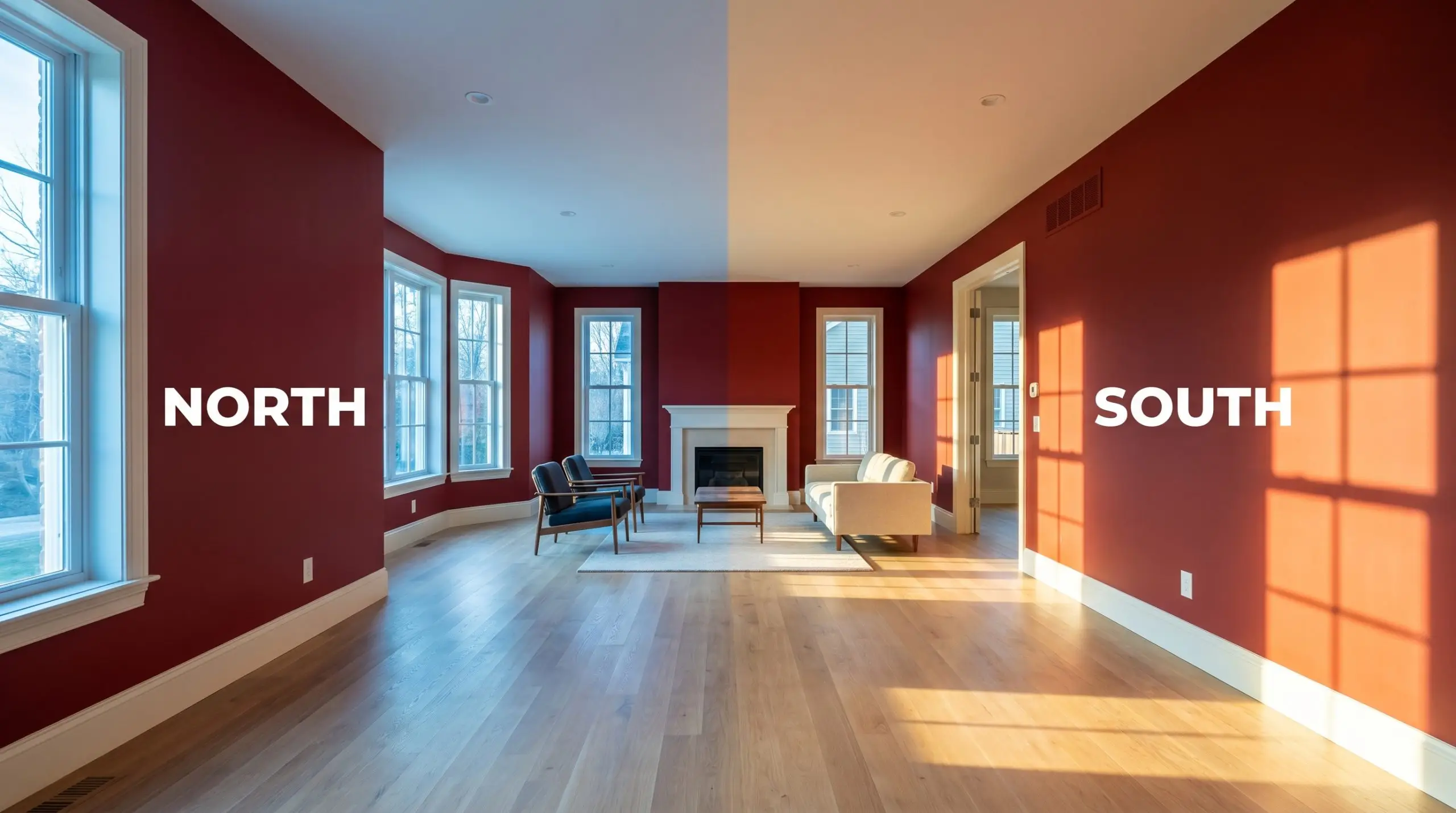 The chromatic intensity of Benjamin Moore Caliente shifts dramatically, transforming from a cooler subdued red in North-facing daylight to a vibrant energetic crimson in warm South-facing sunlight.