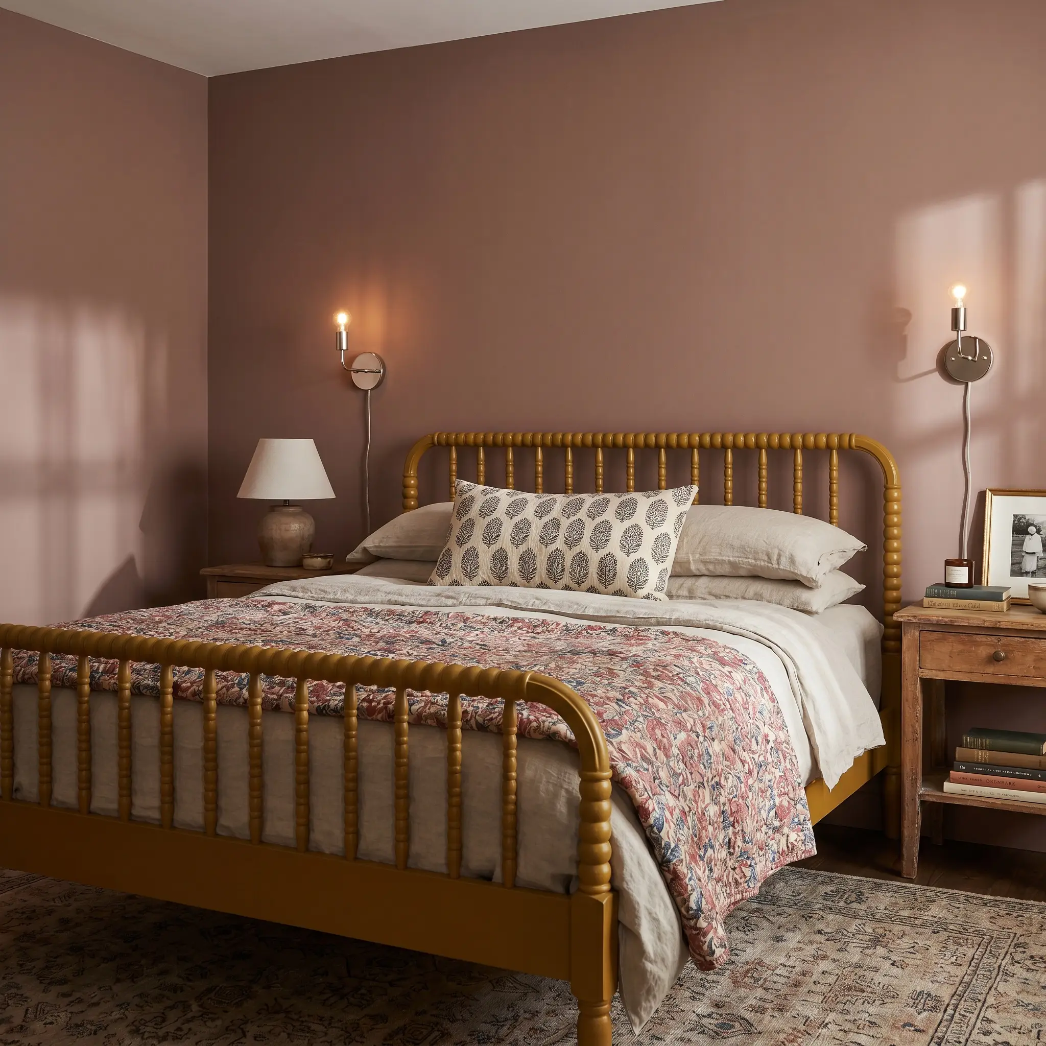 A deep mustard spindle bed dressed in oatmeal washed linen and a floral chintz quilt rests between polished nickel sconces in a vintage-inspired bedroom.