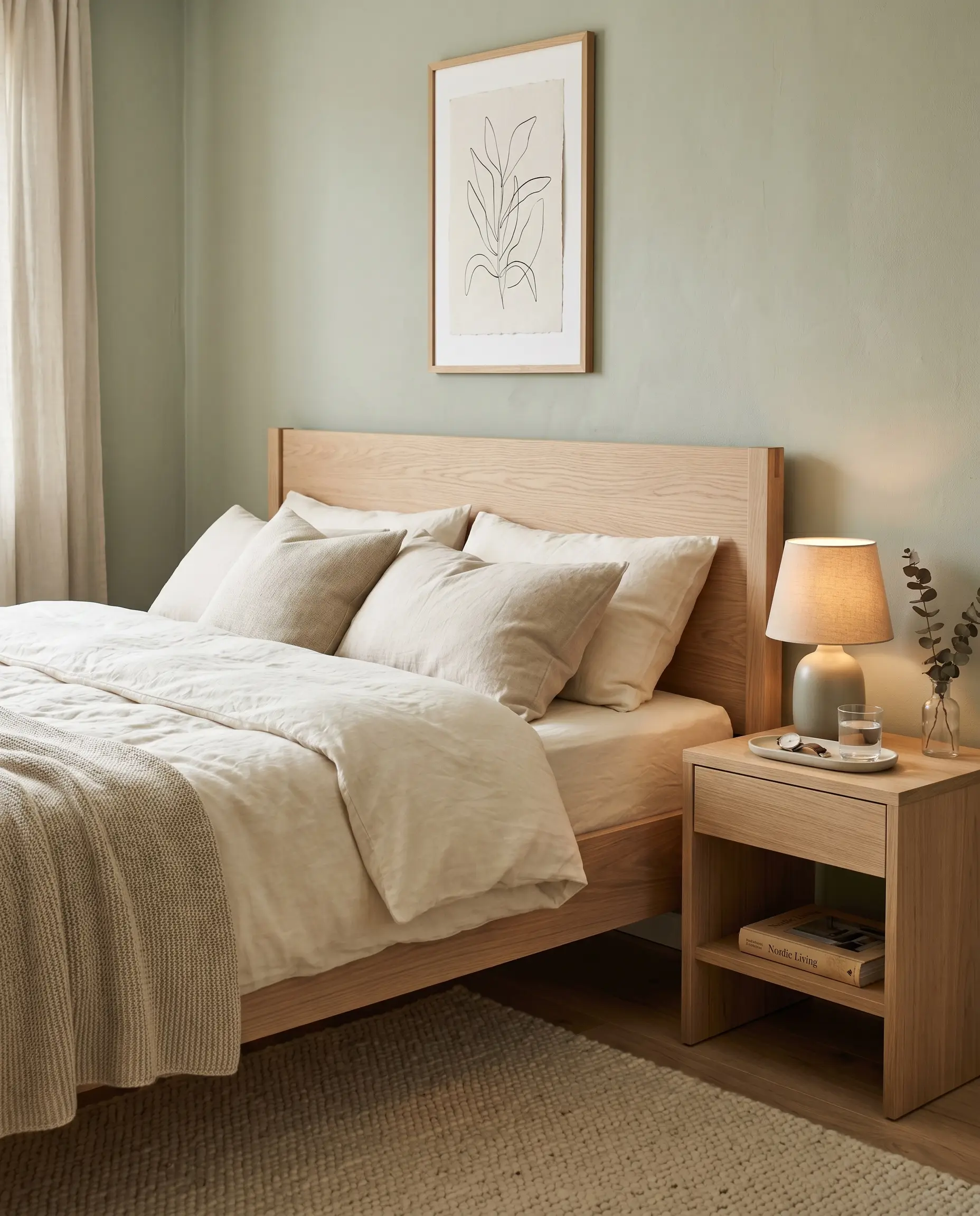 A linear rift-sawn white oak bed frame and nightstand perfectly complement these accessible sage green and cream bedroom ideas.