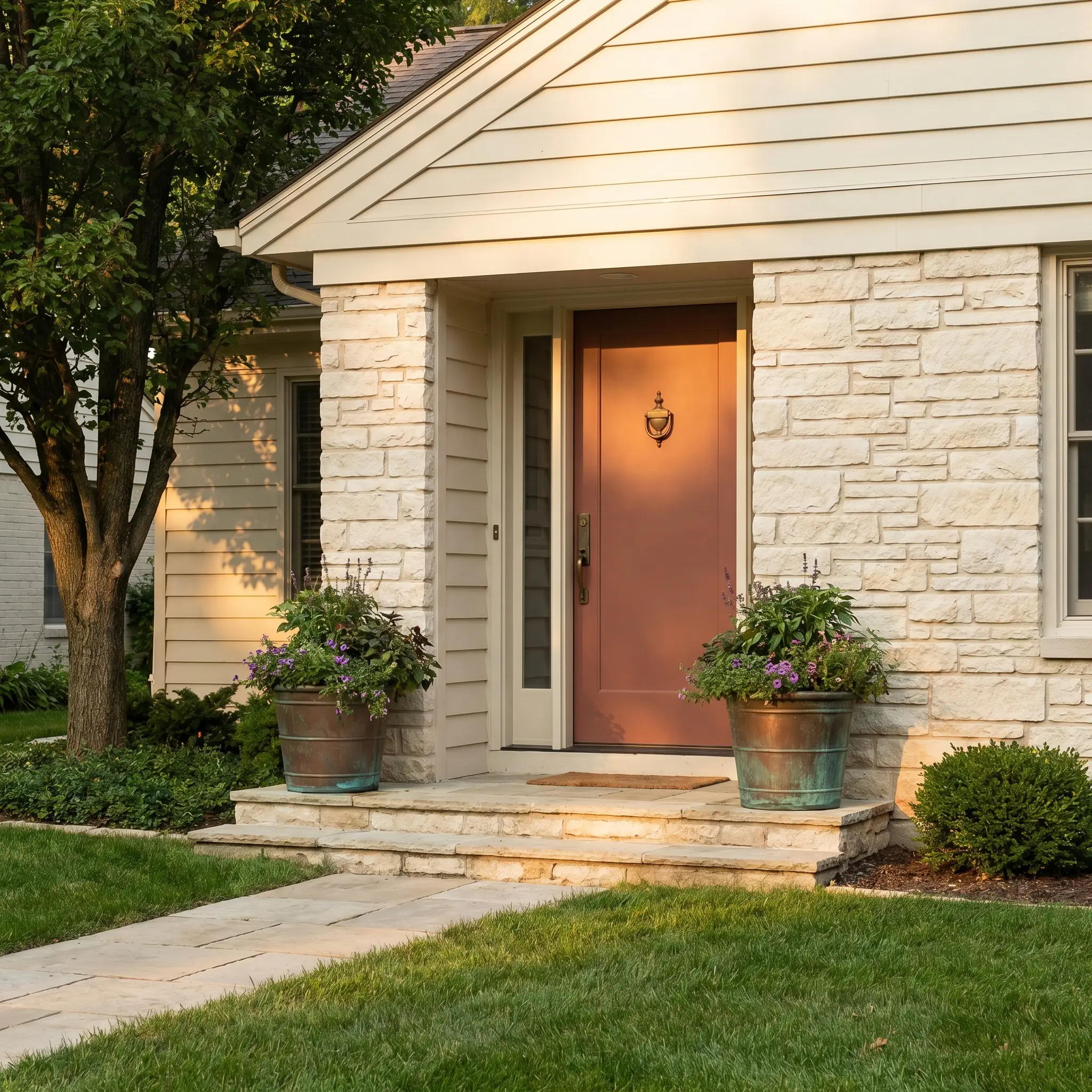 Oversized oxidized copper planters and a classic brass knocker accent a warm rusty red base front door set against a natural stone facade.