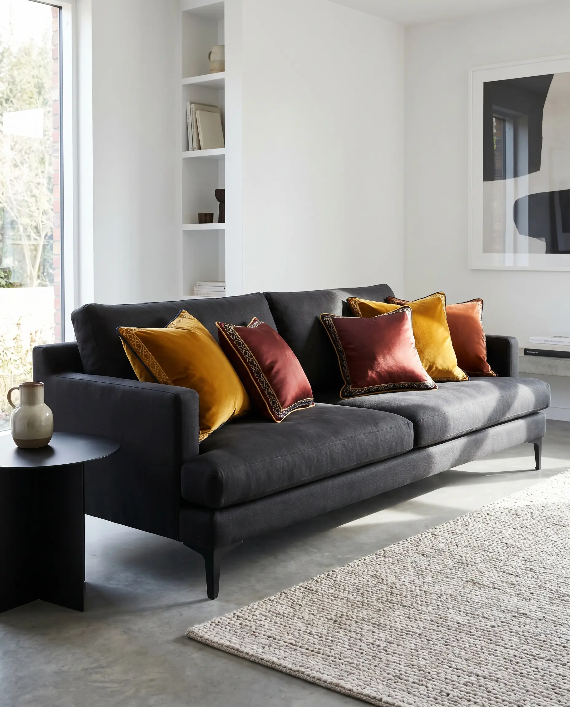 Deep ochre and oxblood silk-blend velvet pillows with geometric piping sit on a matte modern linen sofa beside a black side table.
