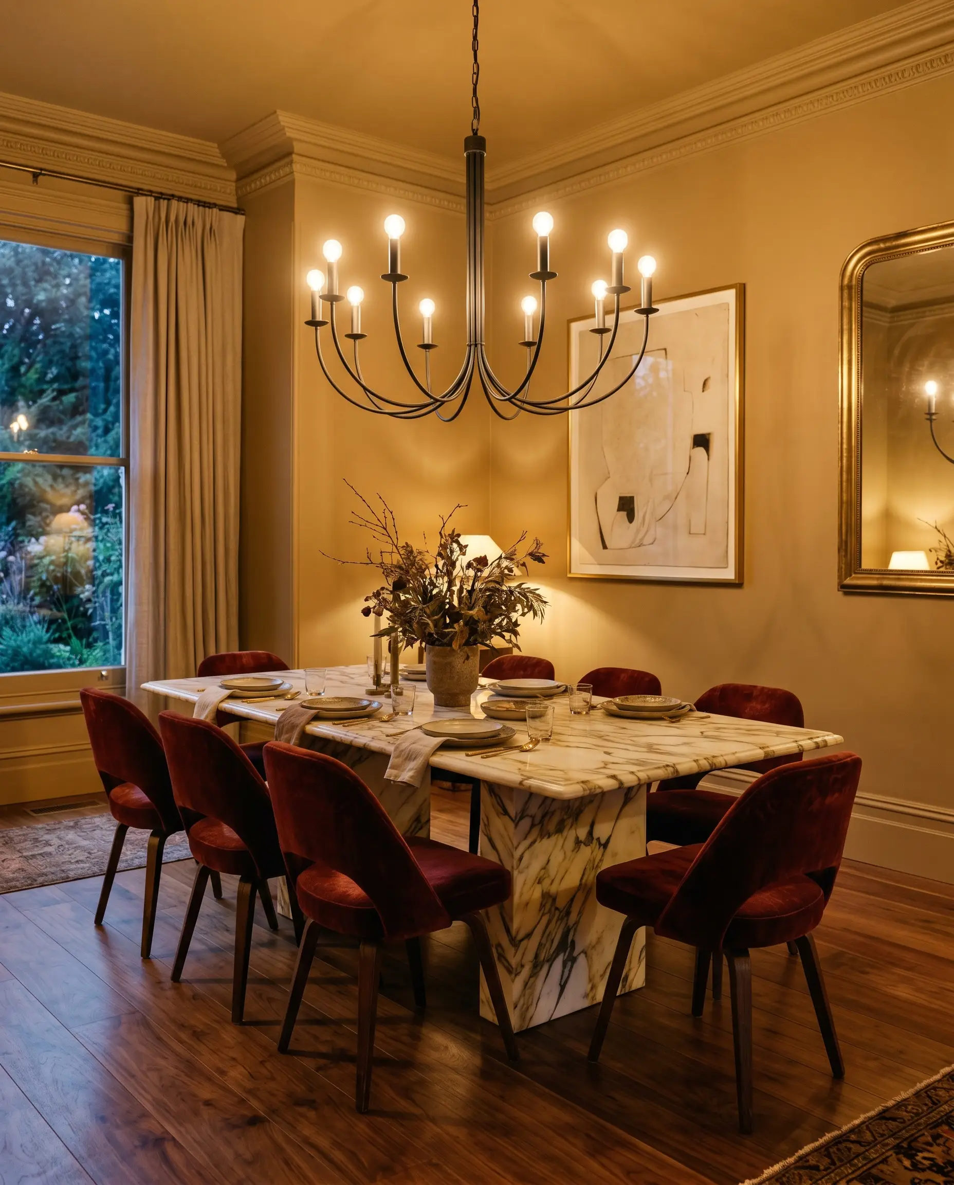 Distressed oxblood velvet sculptural chairs surround a Calacatta marble dining table inside a color-drenched ochre dining room with warm walnut hardwood floors.