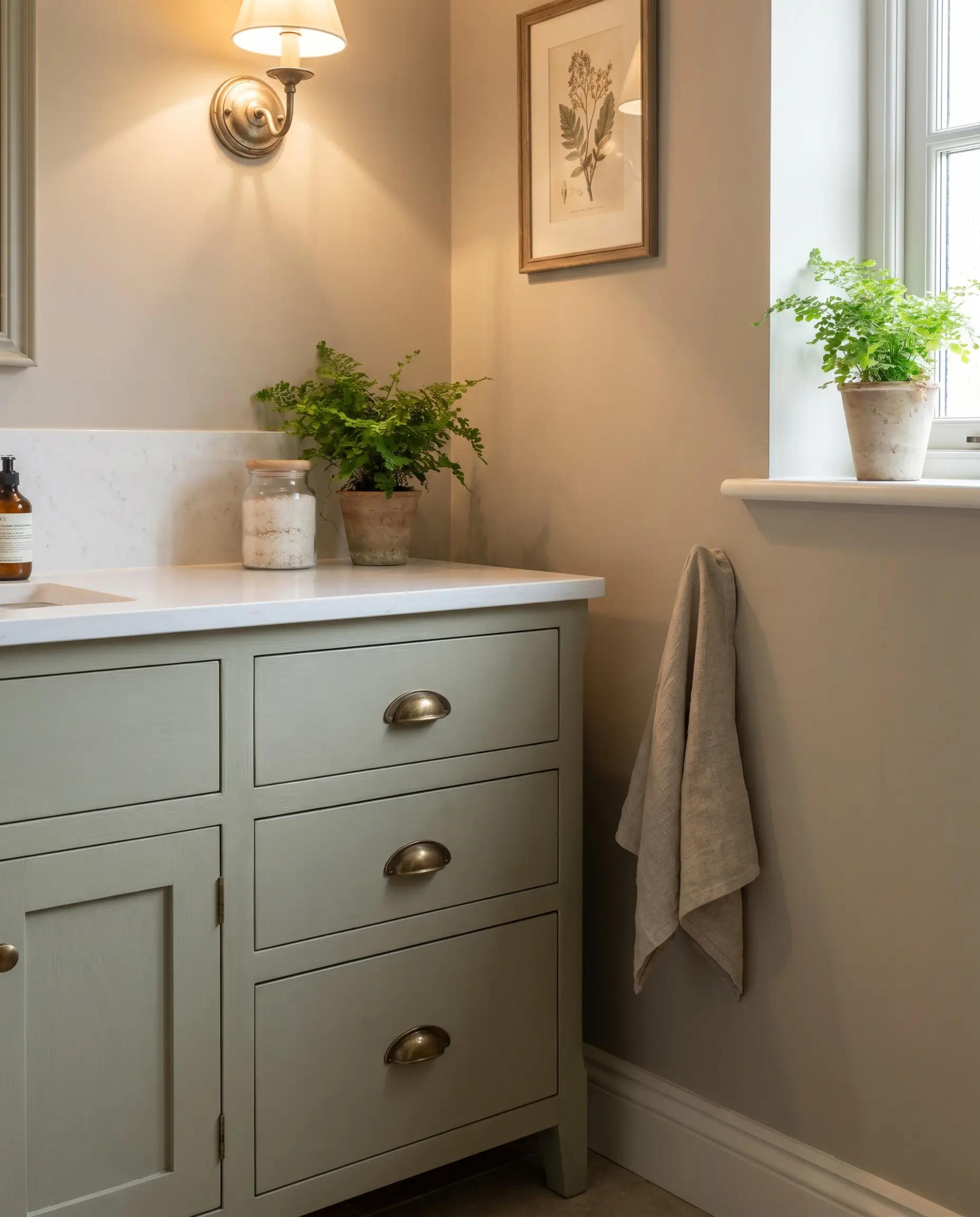 A muted sage green vanity cabinet painted in October Mist features a four-inch white quartz backsplash and aged brass cup pulls.