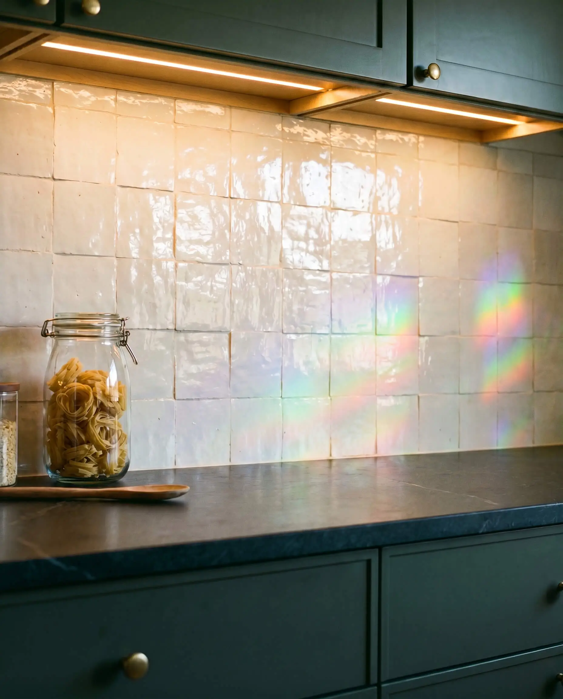 A high-gloss off-white Moroccan zellige tile backsplash provides visual relief against matte dark steatite counters and Farrow and Ball Studio Green base cabinetry.