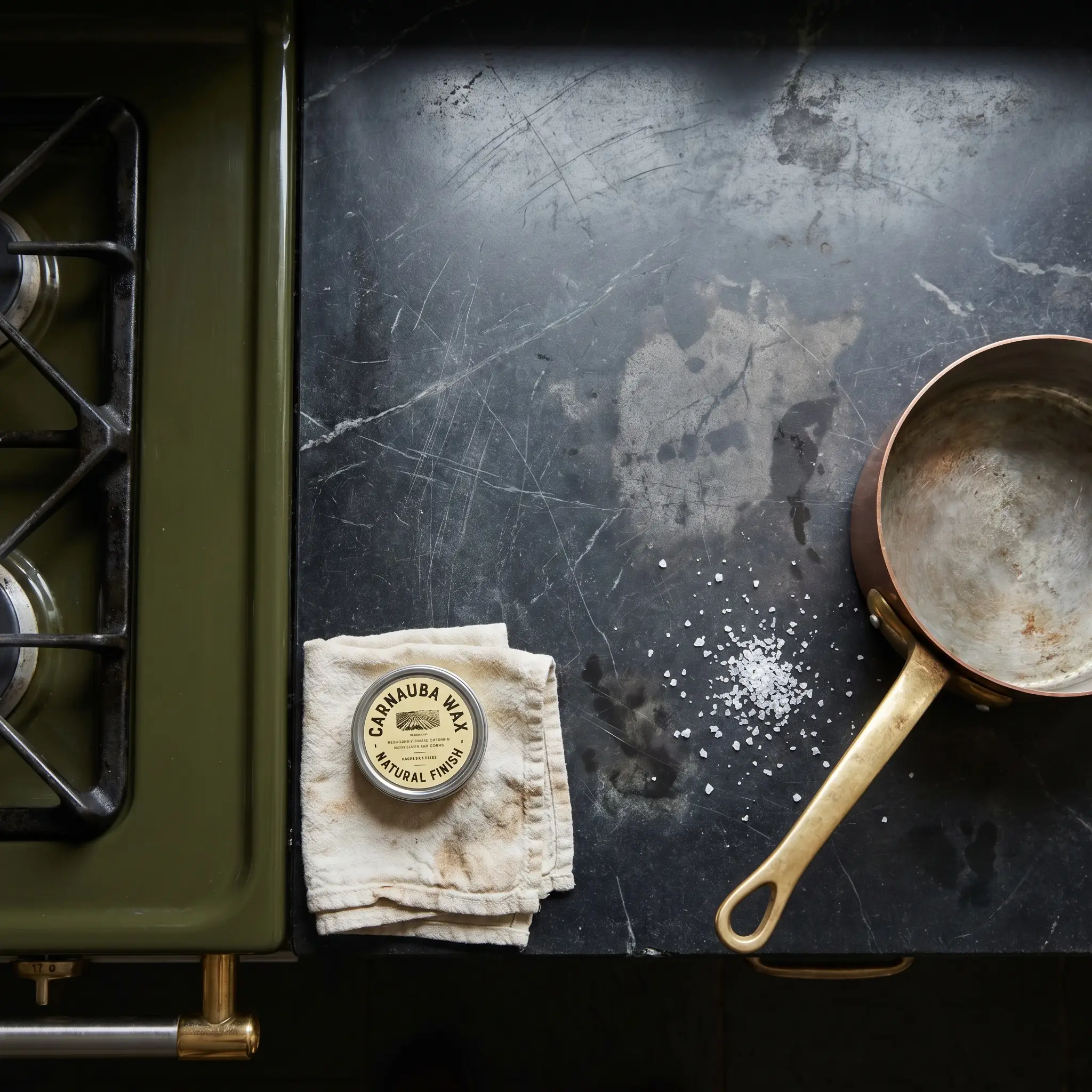An oiled pitch-black steatite countertop beside a Farrow and Ball Studio Green range displays historic scratches, accompanied by a tin of natural carnauba wax and copper saucepan.