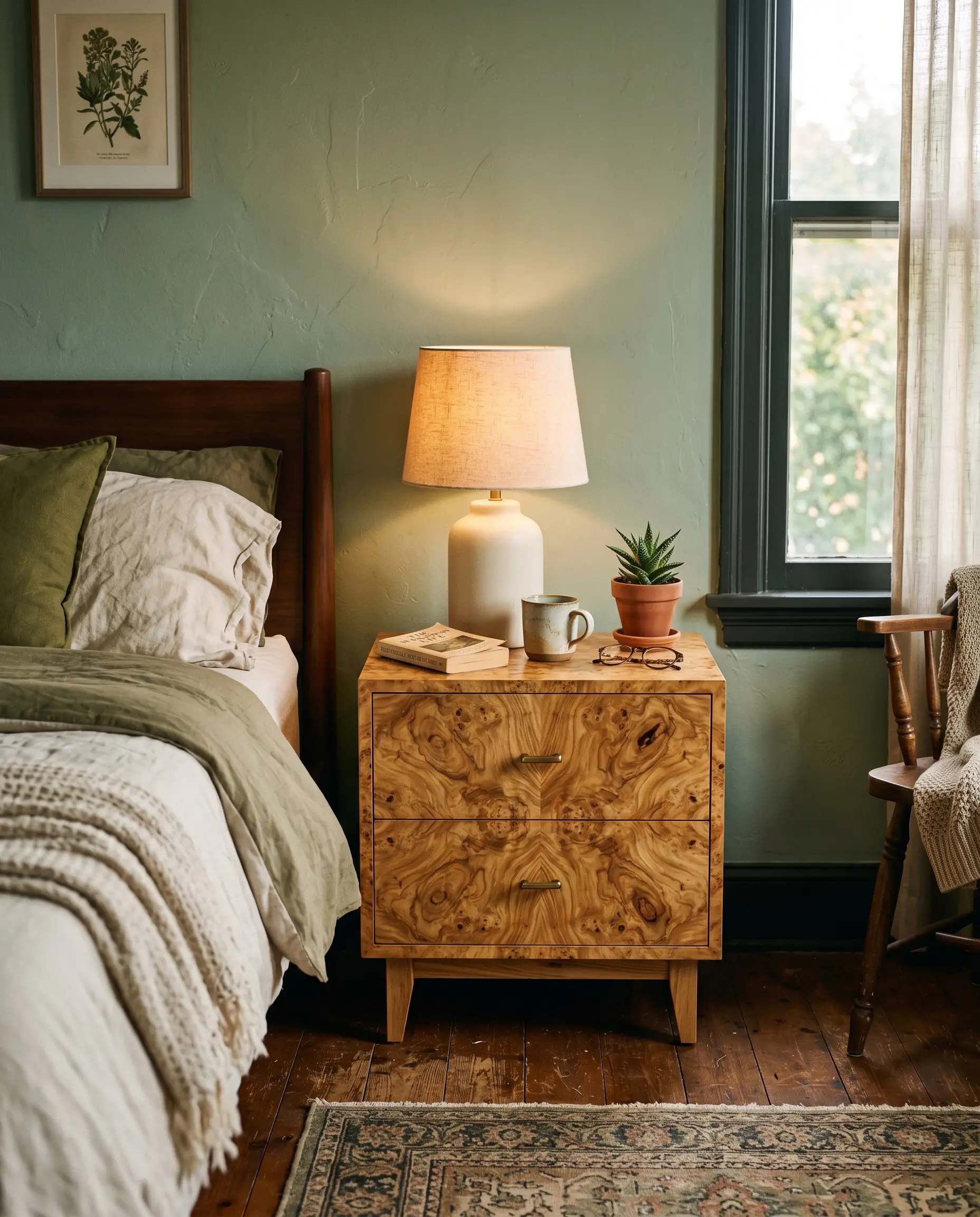 A vintage olive ash burl wood veneer nightstand holds a simple cream ceramic lamp against a muted sage green bedroom wall.