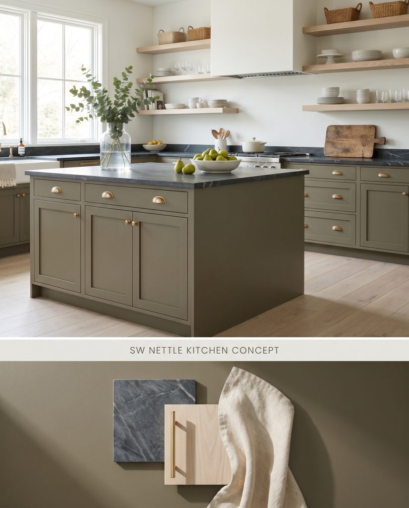 A split digital conceptual board showcasing a bright kitchen with Sherwin-Williams Nettle lower cabinetry on top, and a physical flat-lay of natural soapstone, brushed gold hardware, and ash wood over a smooth enamel finish below.