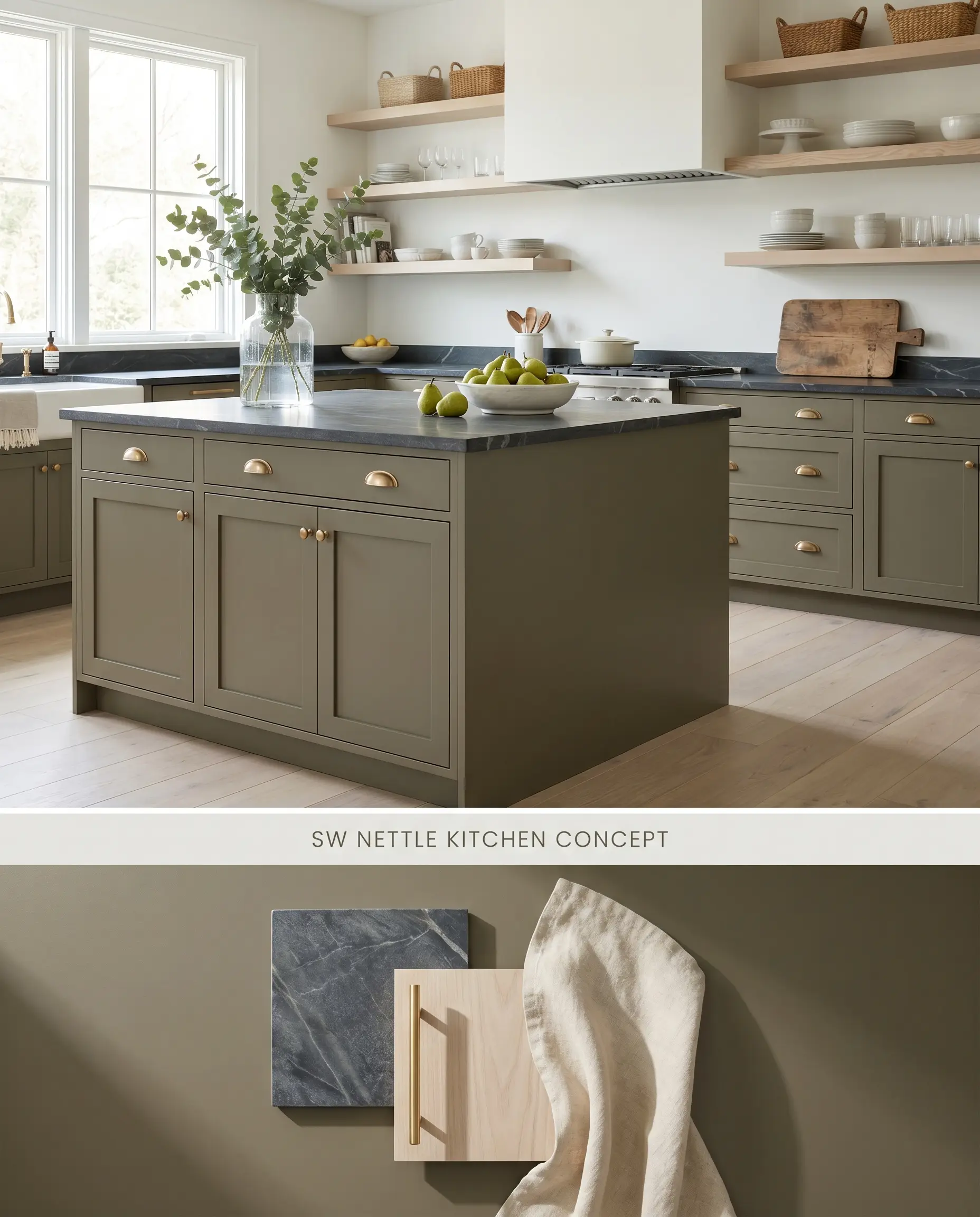 A split digital conceptual board showcasing a bright kitchen with Sherwin-Williams Nettle lower cabinetry on top, and a physical flat-lay of natural soapstone, brushed gold hardware, and ash wood over a smooth enamel finish below.