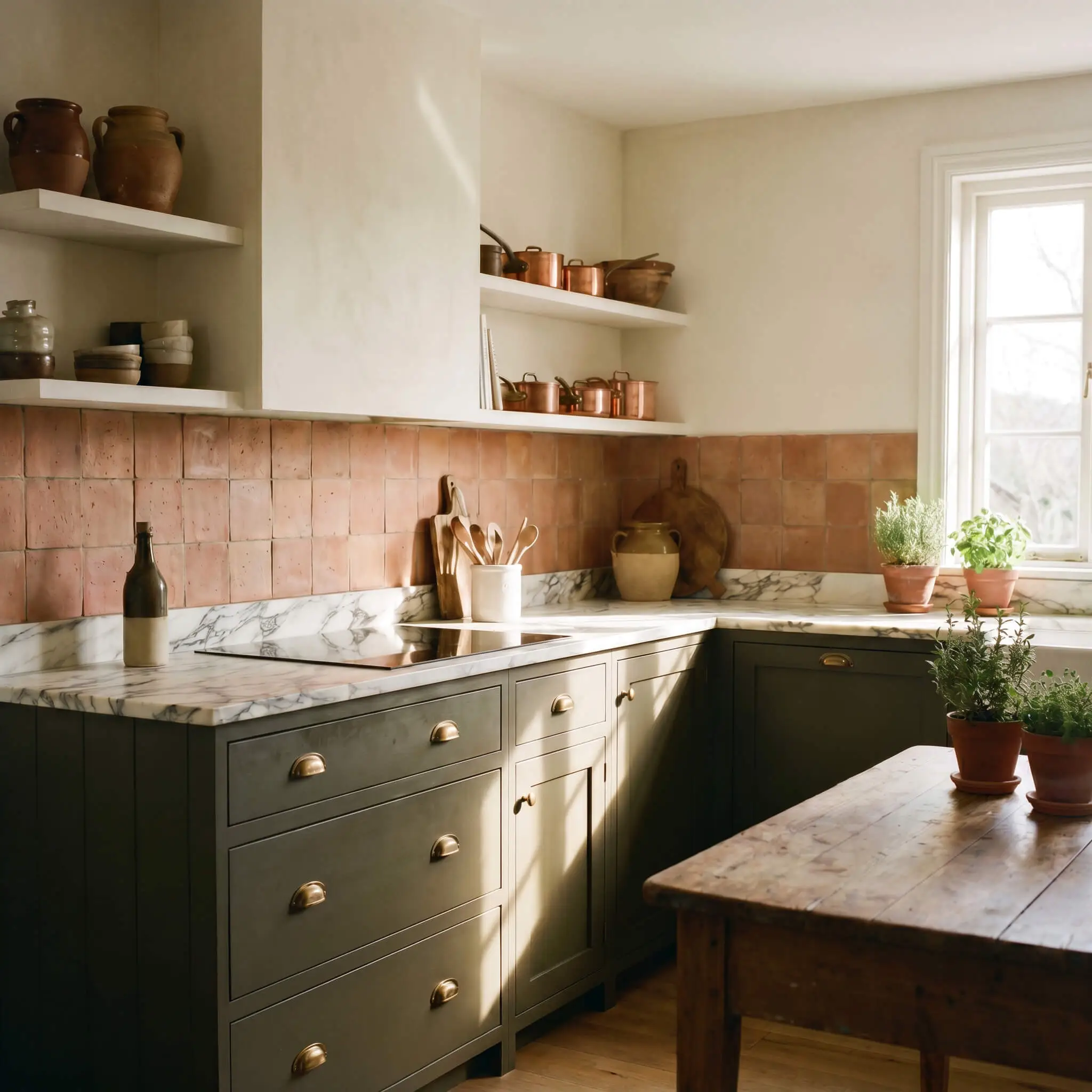 Heavily veined marble counters and unlacquered brass hardware top muddied green lower kitchen cabinets against a handmade unglazed terracotta tile backsplash.