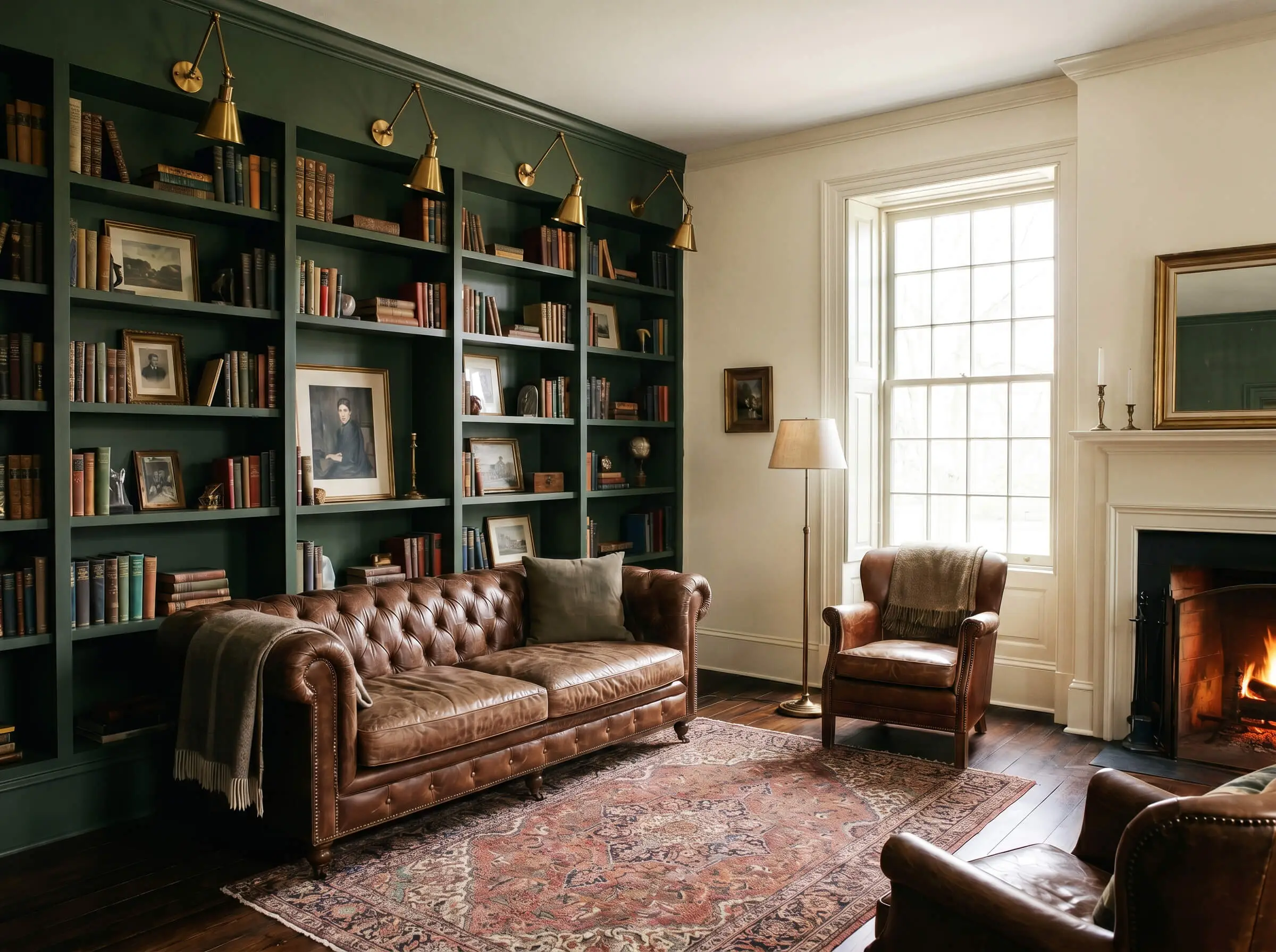 A classic tufted sofa, vintage patterned rug, and warm brass reading lamps sit beneath flat dark green built-in bookshelves matching the main wall.