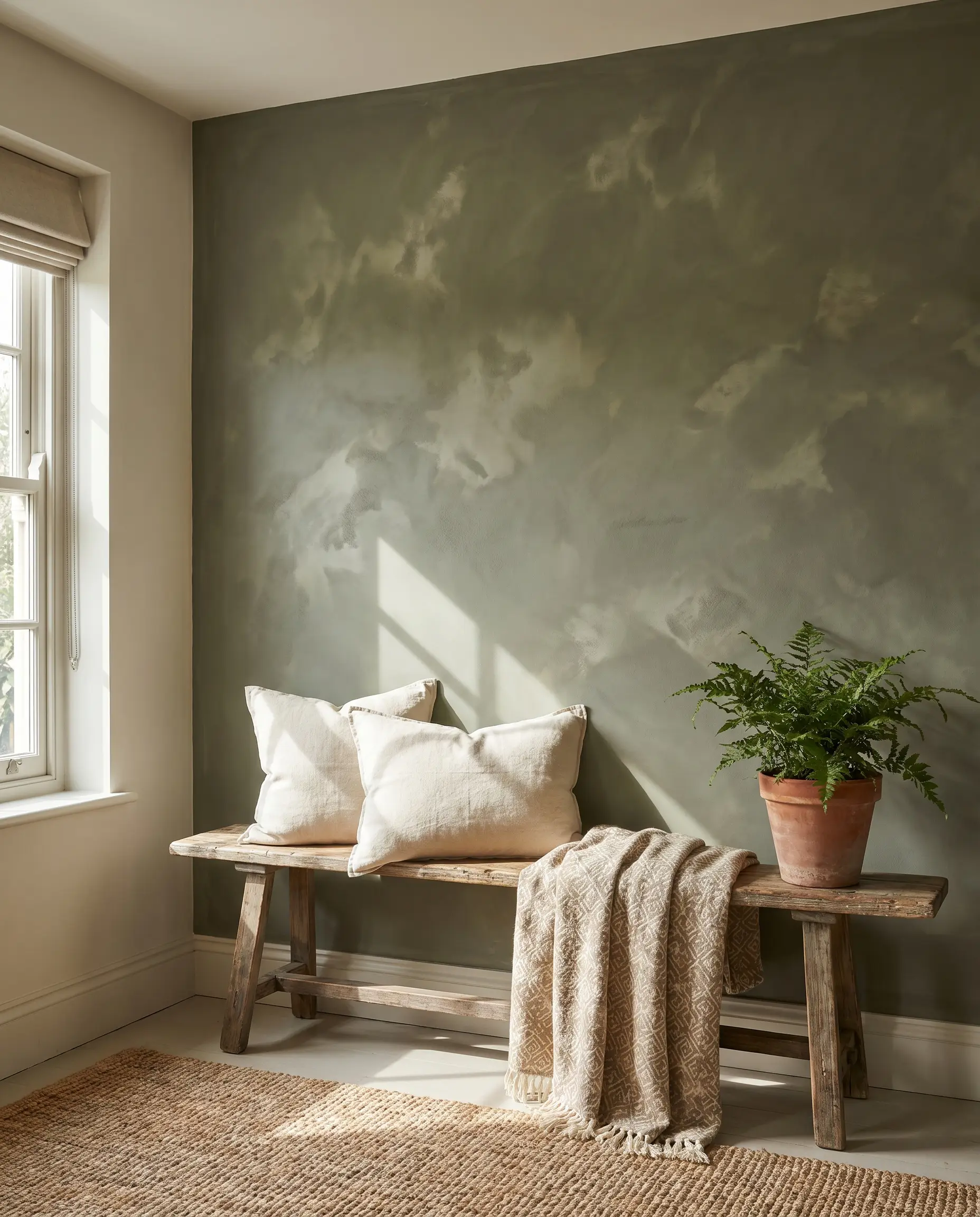 A rustic wooden bench adorned with linen pillows and a terracotta potted plant rests against a chalky matte green limewash wall.