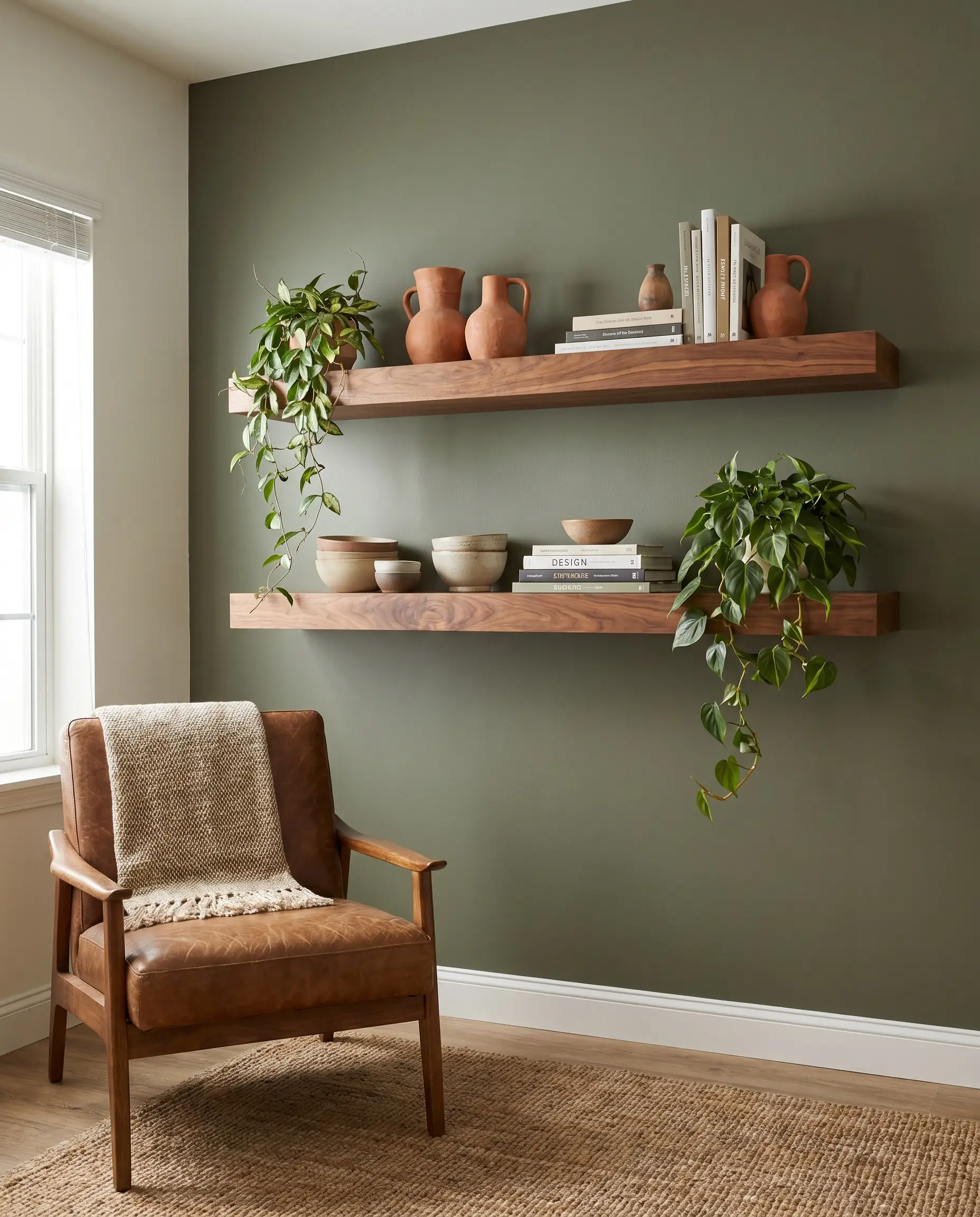 Double floating solid walnut shelves holding terracotta ceramics, stacked books, and trailing greenery mount directly to an olive green accent wall living room.