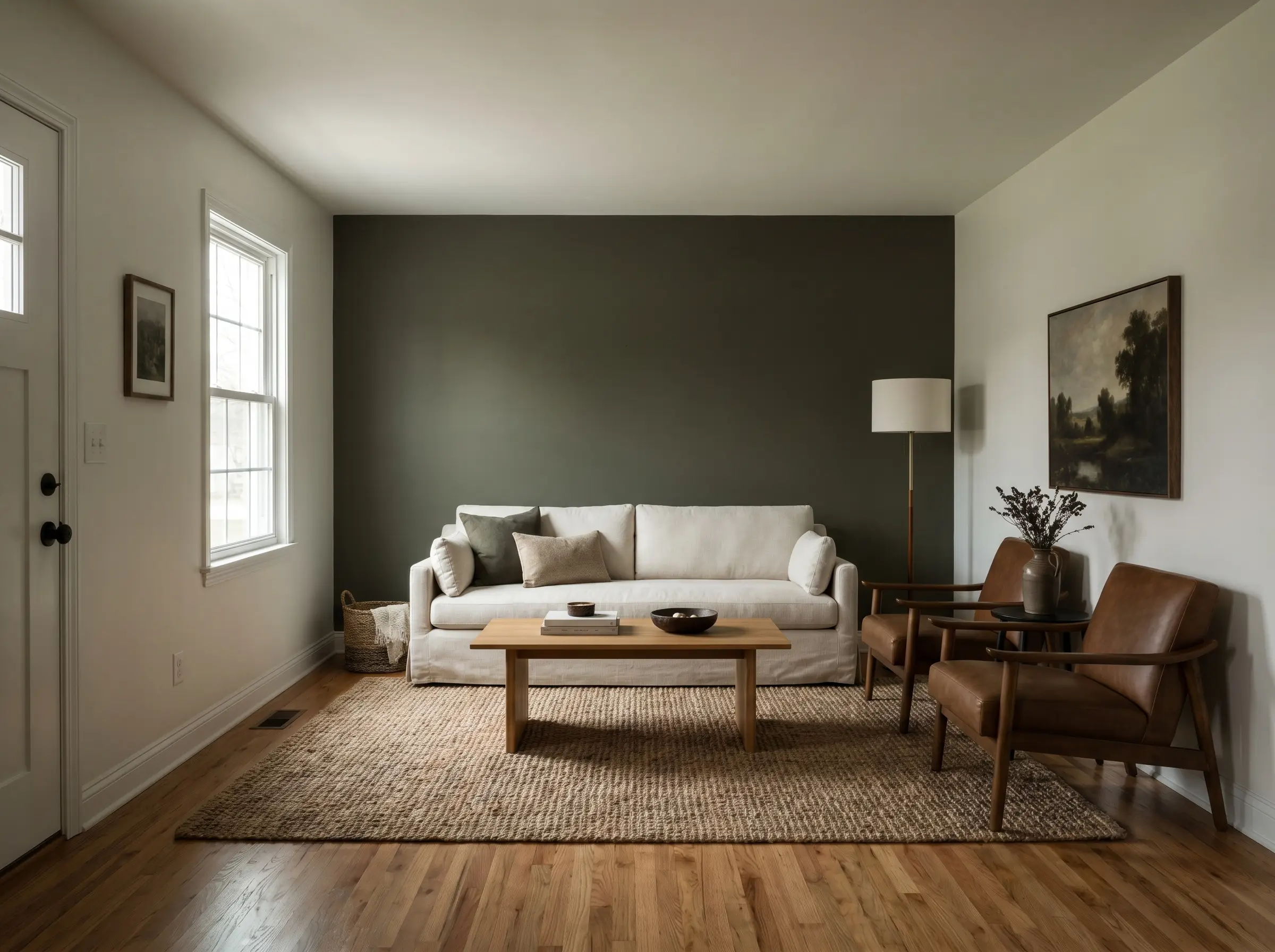 A light ivory linen sofa and simple wood coffee table center an olive green accent wall living room with standard hardwood floors.