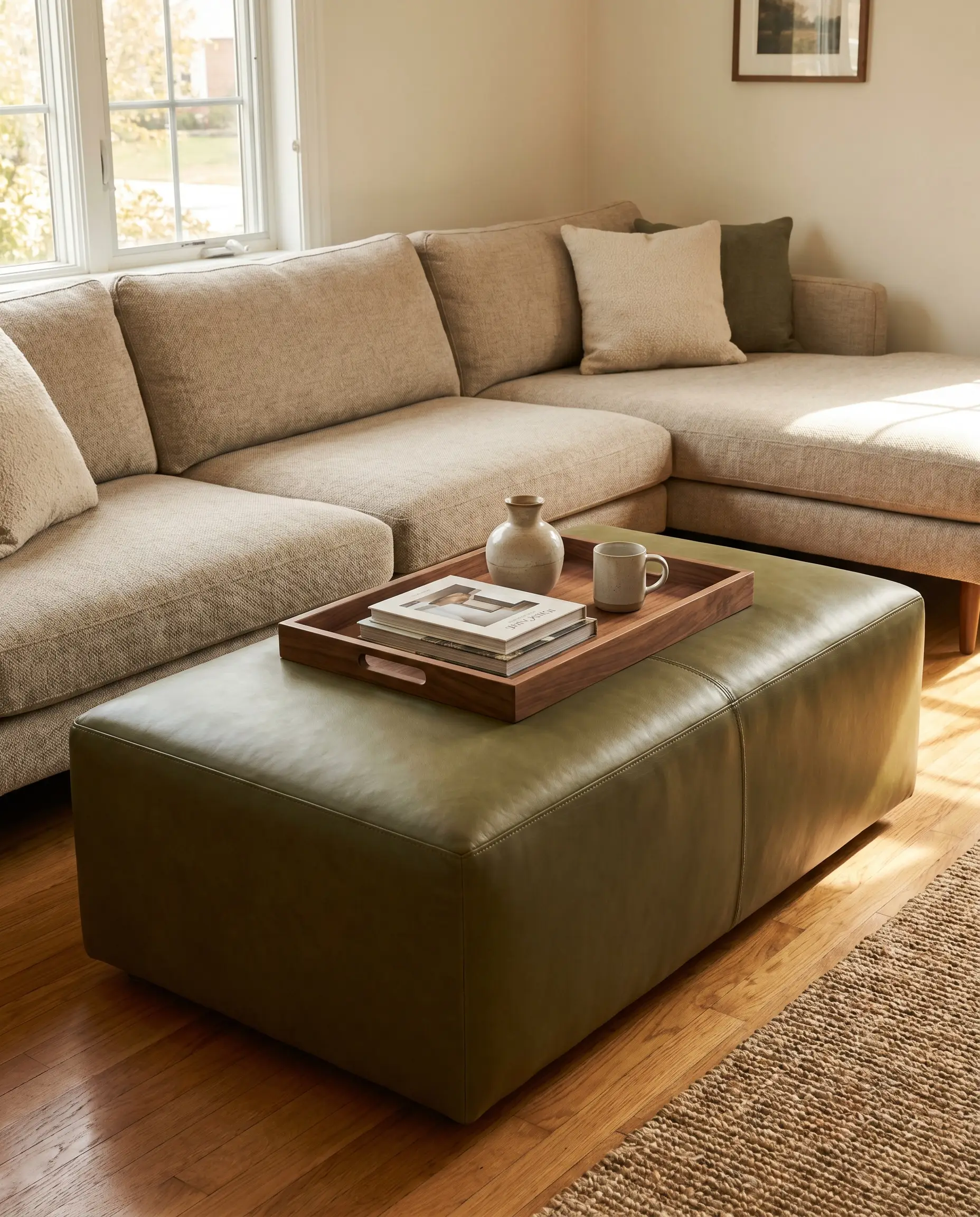 A smooth olive green top-grain leather upholstered ottoman holding a solid walnut floating tray sits eighteen inches from a woven fabric sofa.