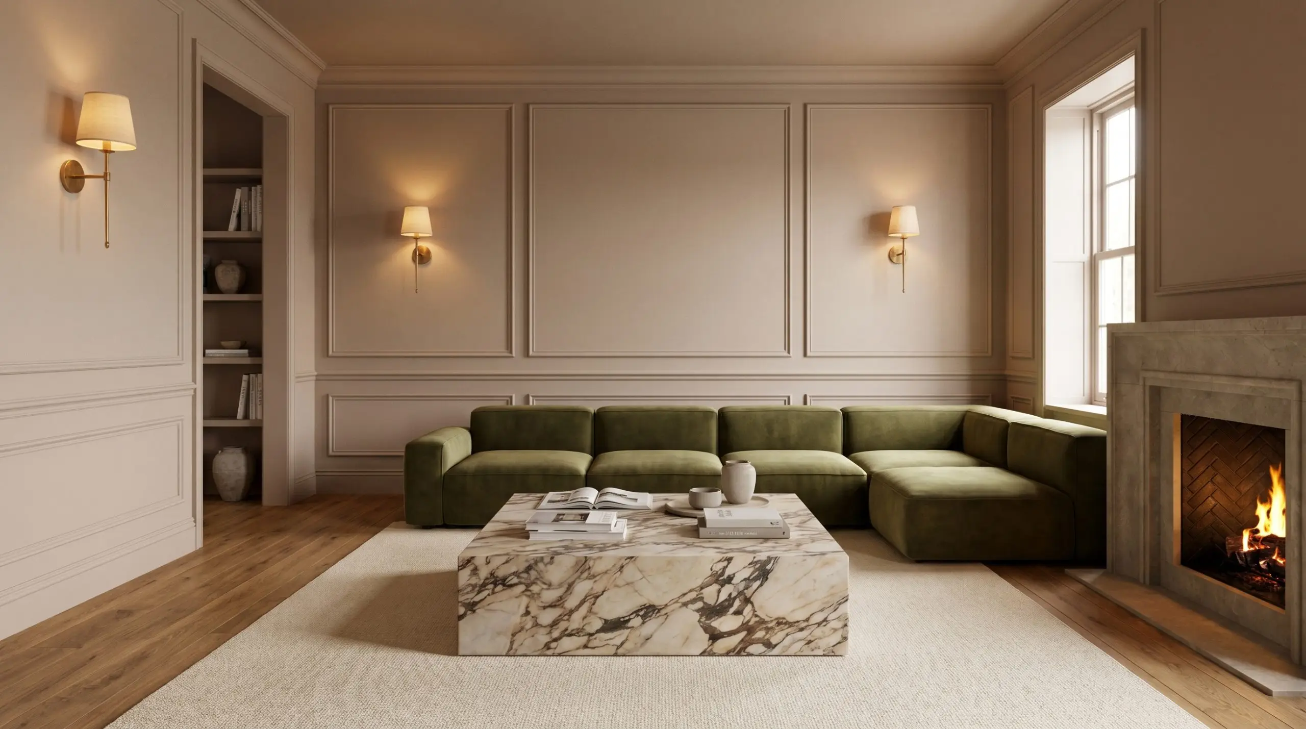Unlacquered brass wall sconces illuminate intricate picture molding and olive green velvet modular seating in a cocooning warm taupe living space.