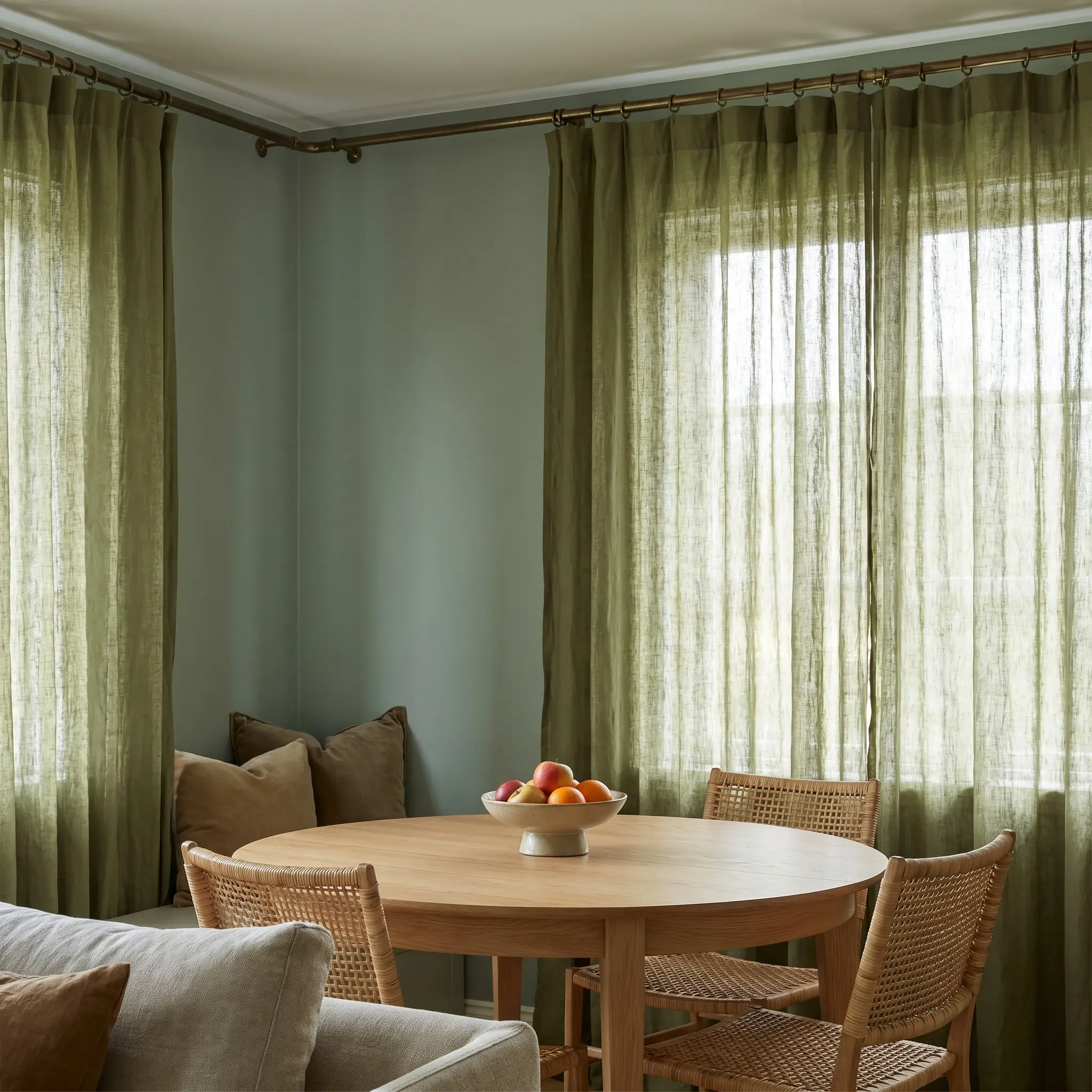 Soft olive medium-weight linen curtains suspend from an unlacquered brass French return rod near a round light oak dining table and woven rattan chairs.