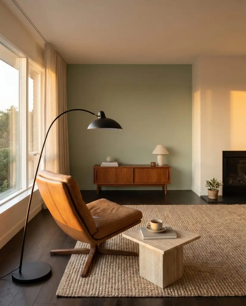 A caramel leather lounge chair and travertine side table sit on a sisal rug before a muted olive-sage accent wall.