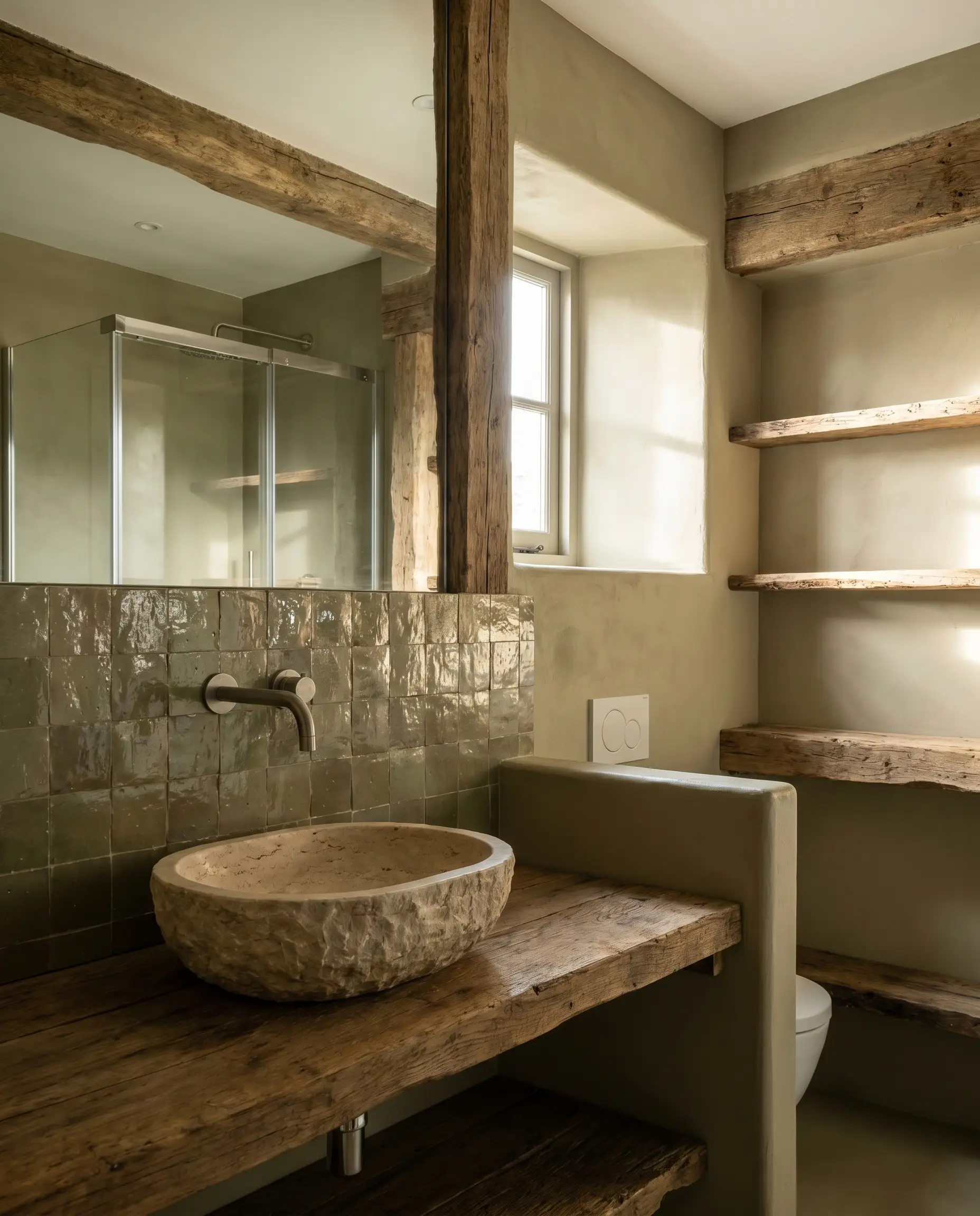 A chiseled travertine stone vessel sink rests on a reclaimed wood counter against a muddy olive Moroccan clay wall and Svelte Sage paint.