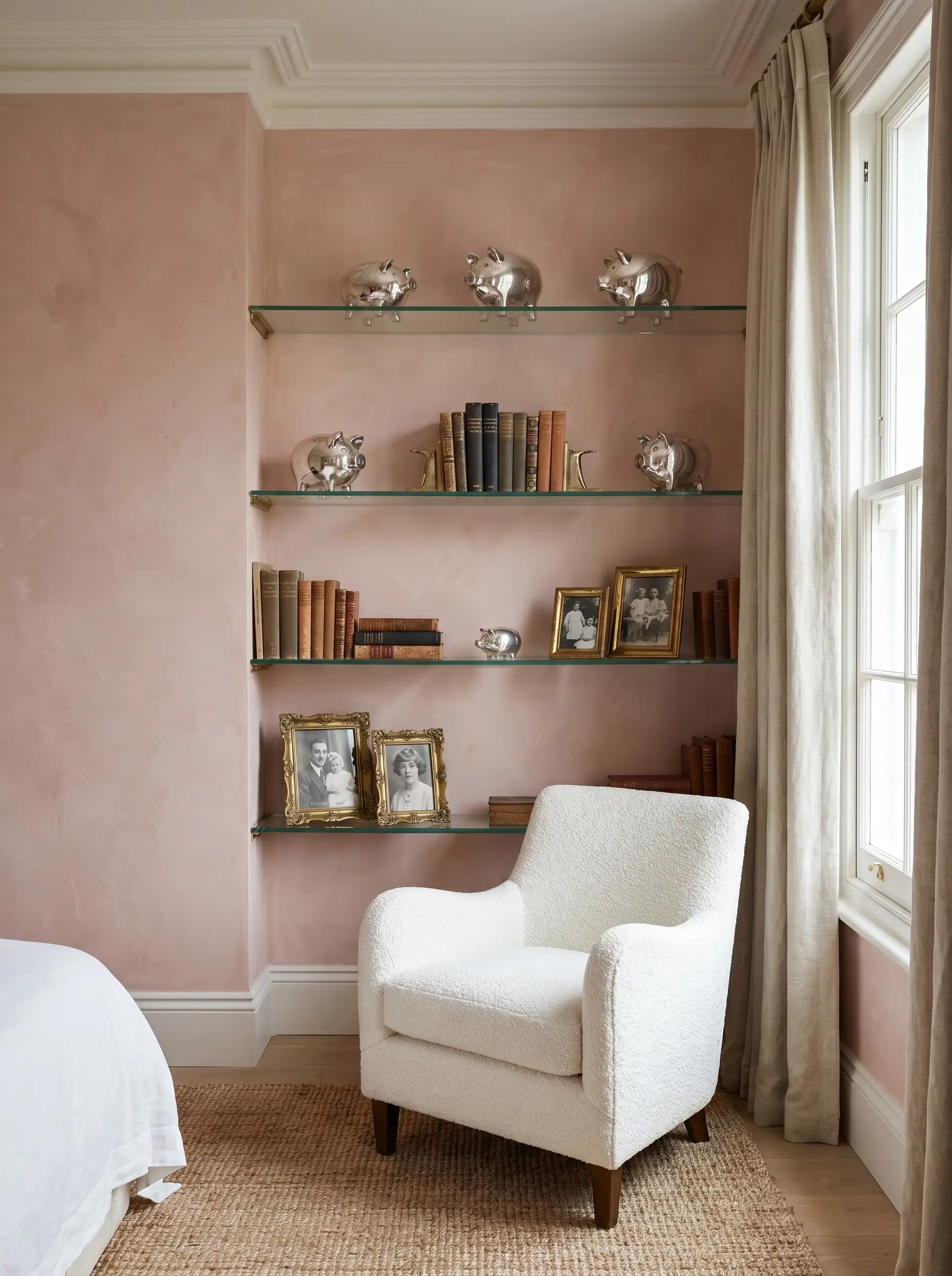 Glass and open brass shelving display heirloom accessories and heavy brass frames against a matte pink plaster wall above a white bouclé chair.