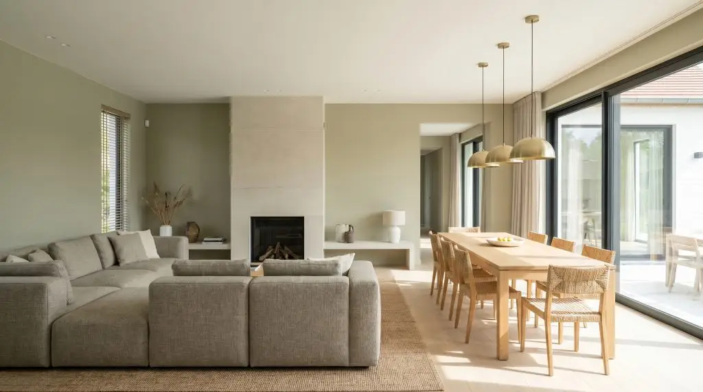 A modular greige sectional faces a minimalist limestone fireplace in an open-concept living space with gray-green walls.