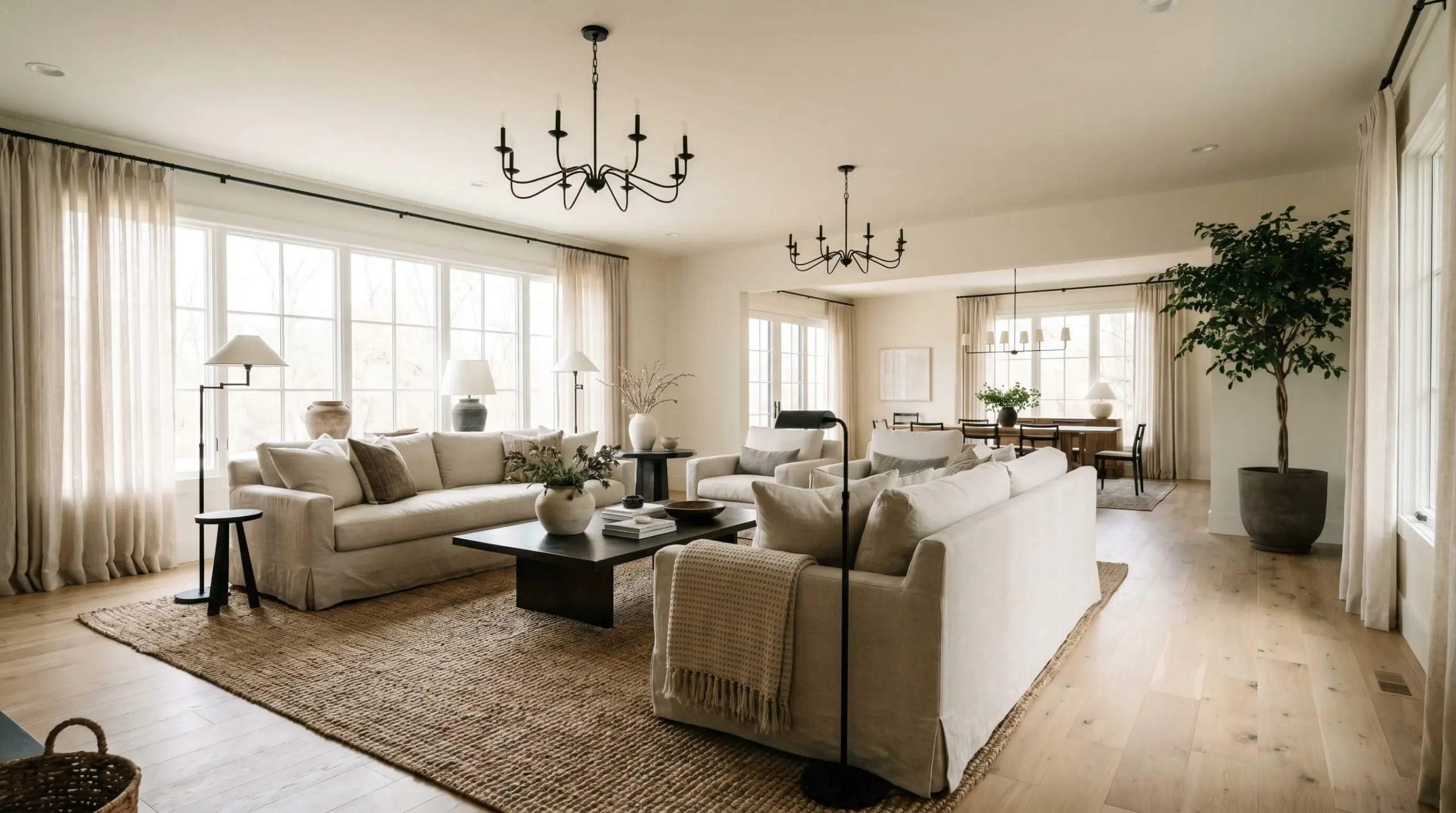 Matte black steel lighting fixtures provide visual weight against warm off-white walls, expansive windows, and oversized washed linen slipcovered sofas in an open-concept space.