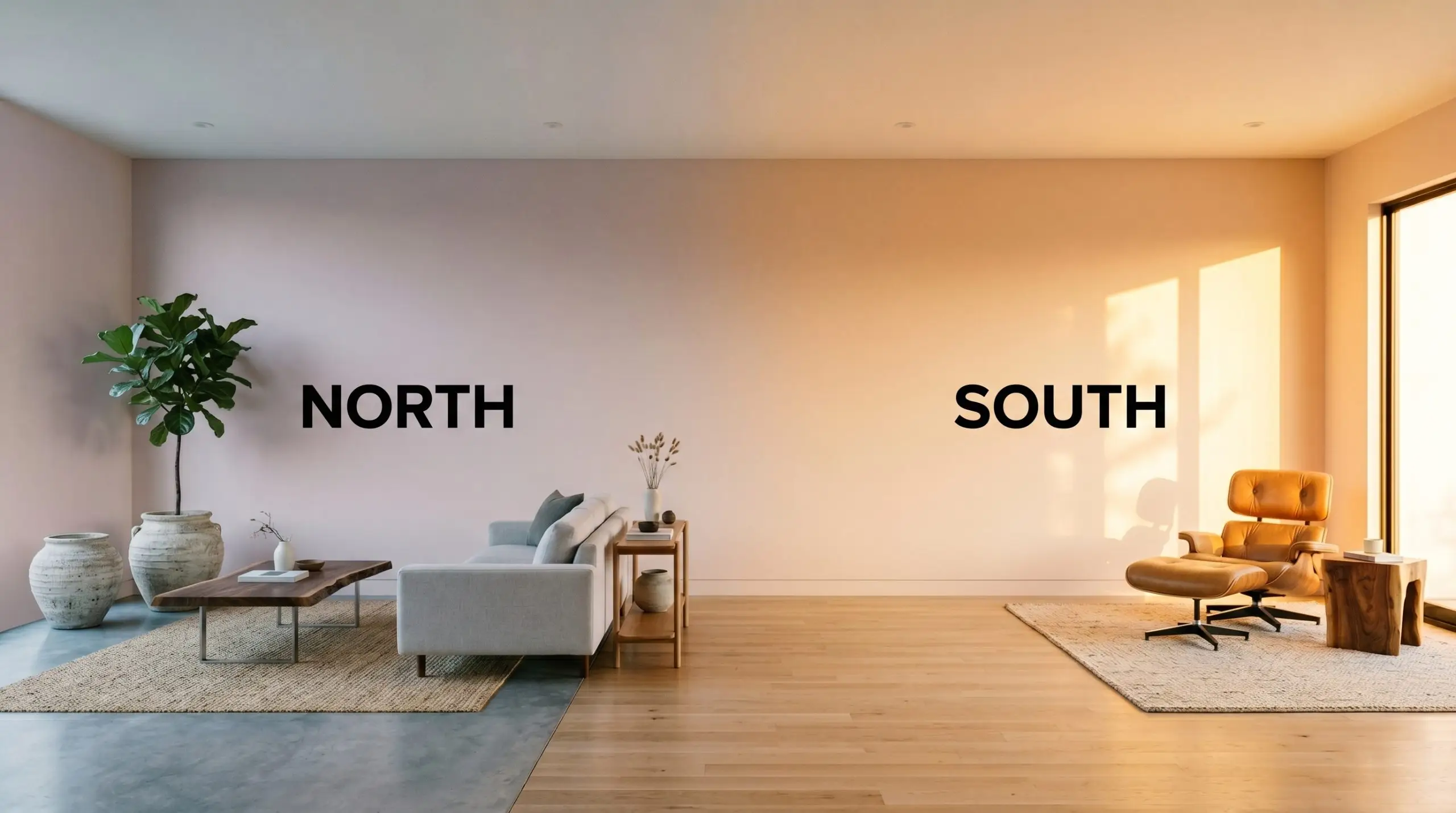A continuous open-concept living space wall painted in Benjamin Moore First Light (Hex #EFE2DE) shifts from grayish blush in cool Northern light to warm golden-pink in Southern exposure.
