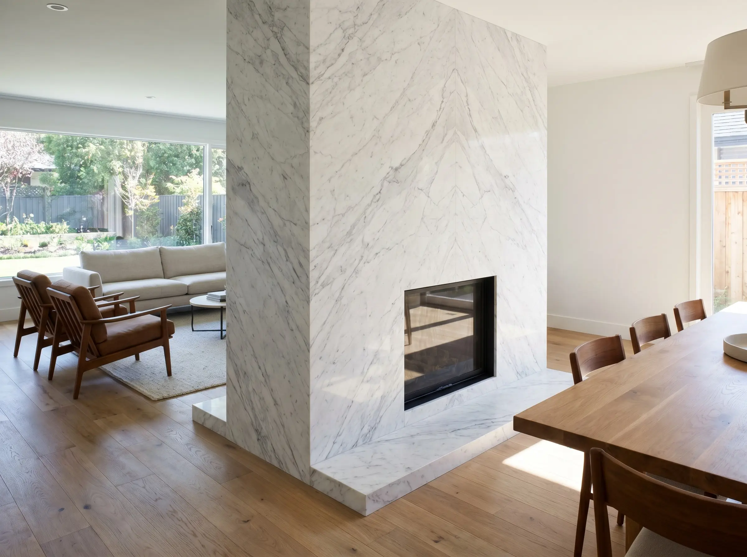 A wrap-around three-sided Bianco Carrara stone peninsula with slip-matched veining divides an open-concept space featuring wide-plank oak flooring and modern upholstery.