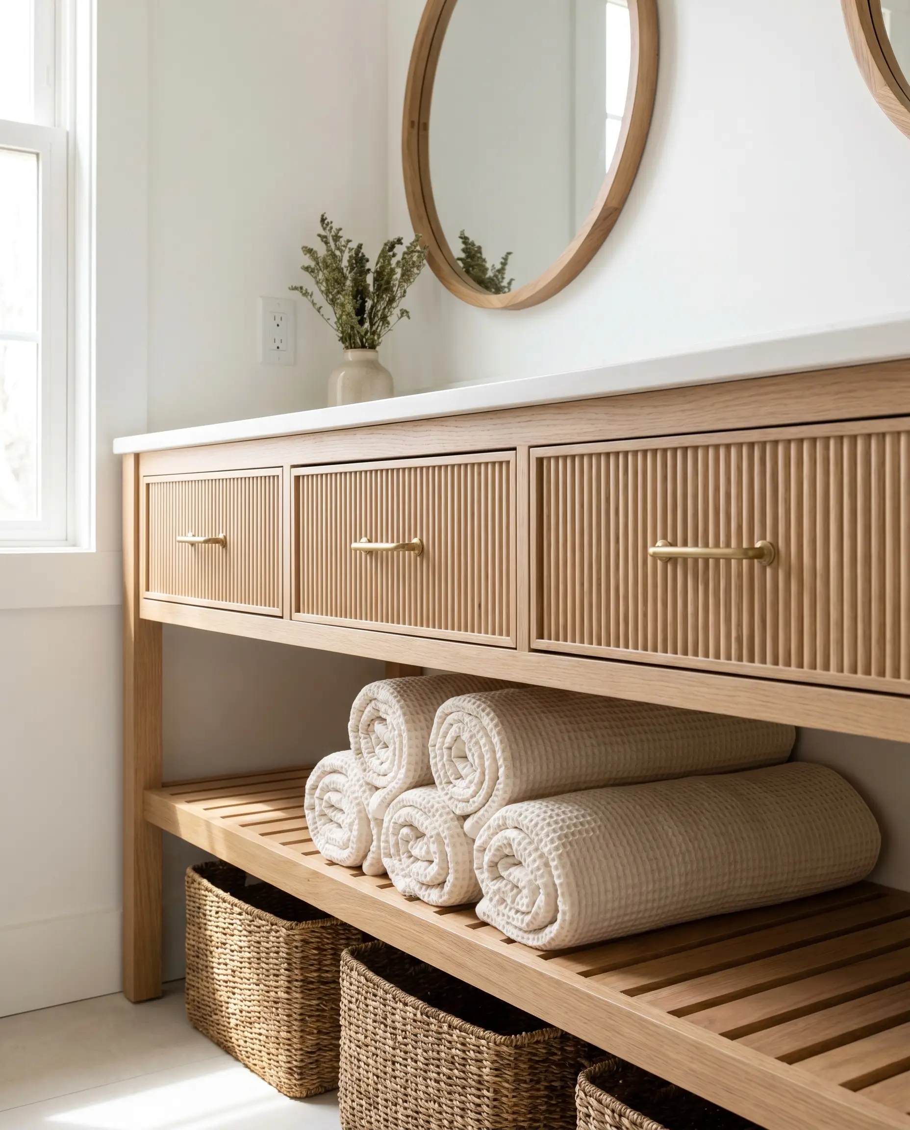 Ribbed oak drawers sit above an open solid wood slatted shelf holding rolled waffle-weave organic cotton bath sheets and woven baskets.