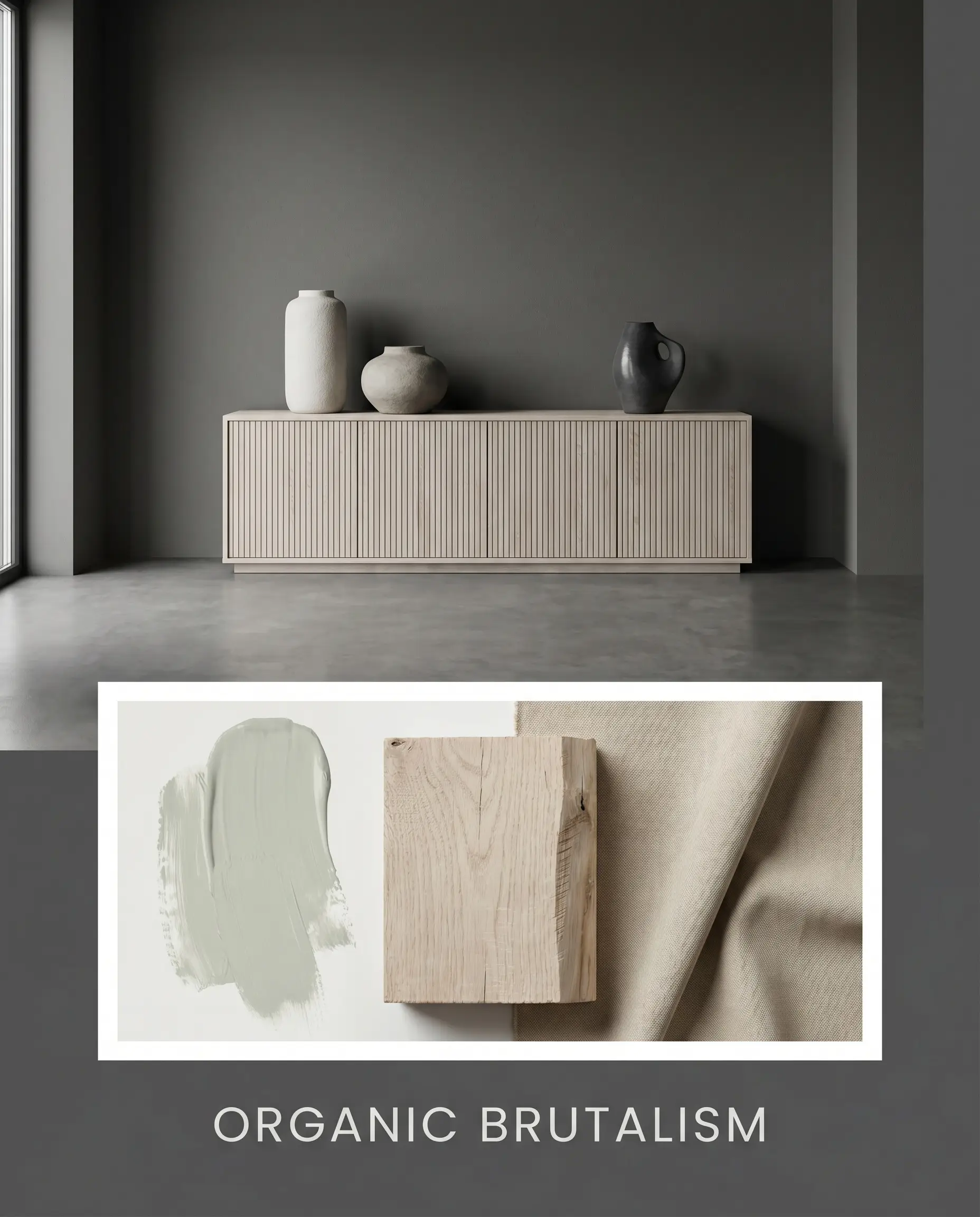 A fluted bleached oak console and oversized minimalist ceramics sit above a flat-lay integrating raw wood samples and matte canvas texture.