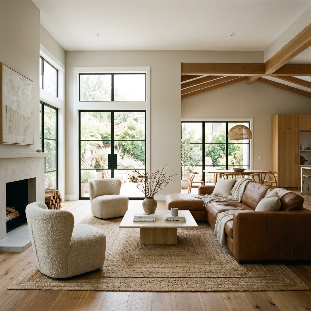 A large saddle leather sofa and two nubby bouclé accent chairs sit on a layered jute rug in an airy open-concept living room.