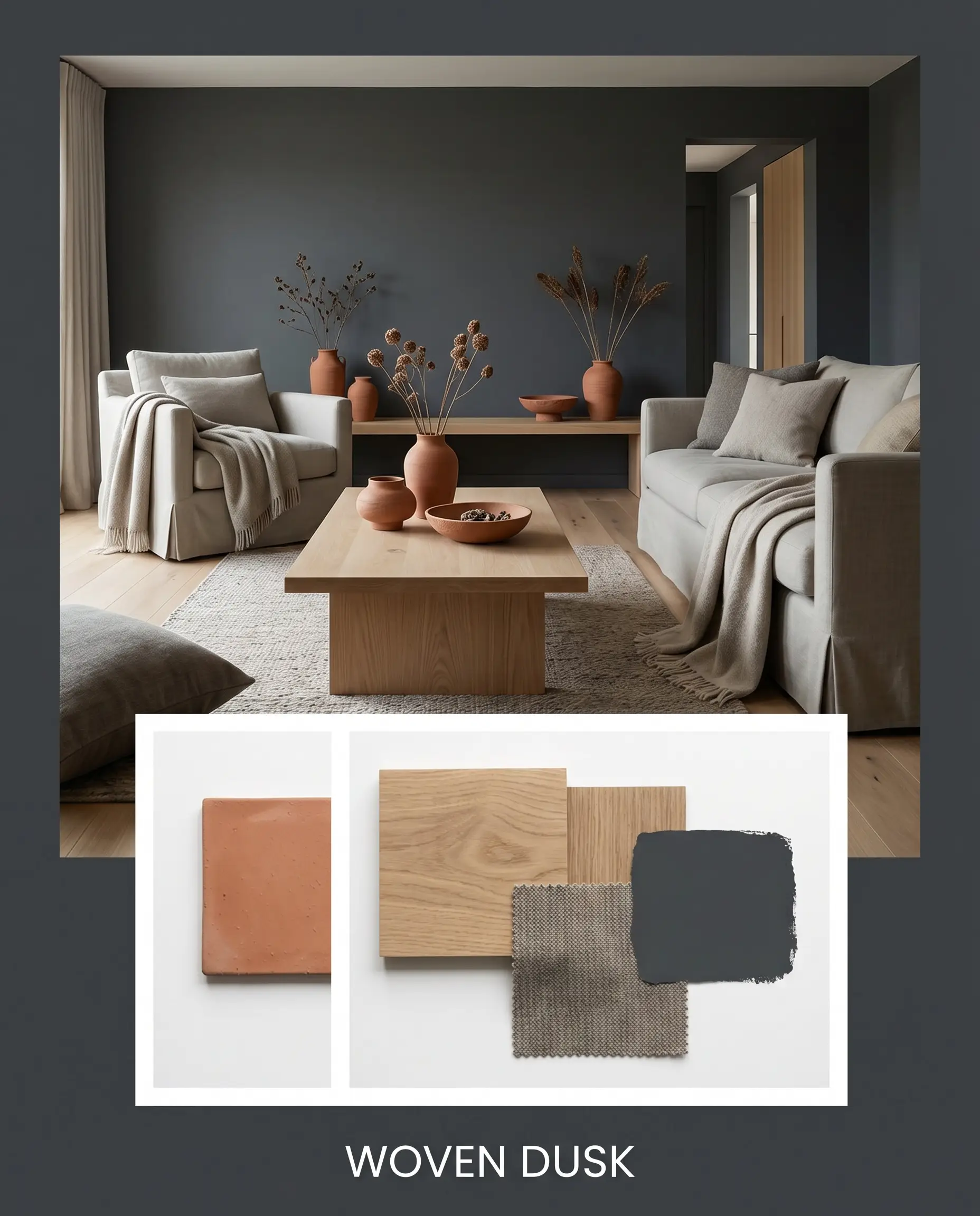 A relaxed living room with raw terracotta ceramics and white oak flooring pairs with a flat-lay showcasing worsted wool and Benjamin Moore Soot.