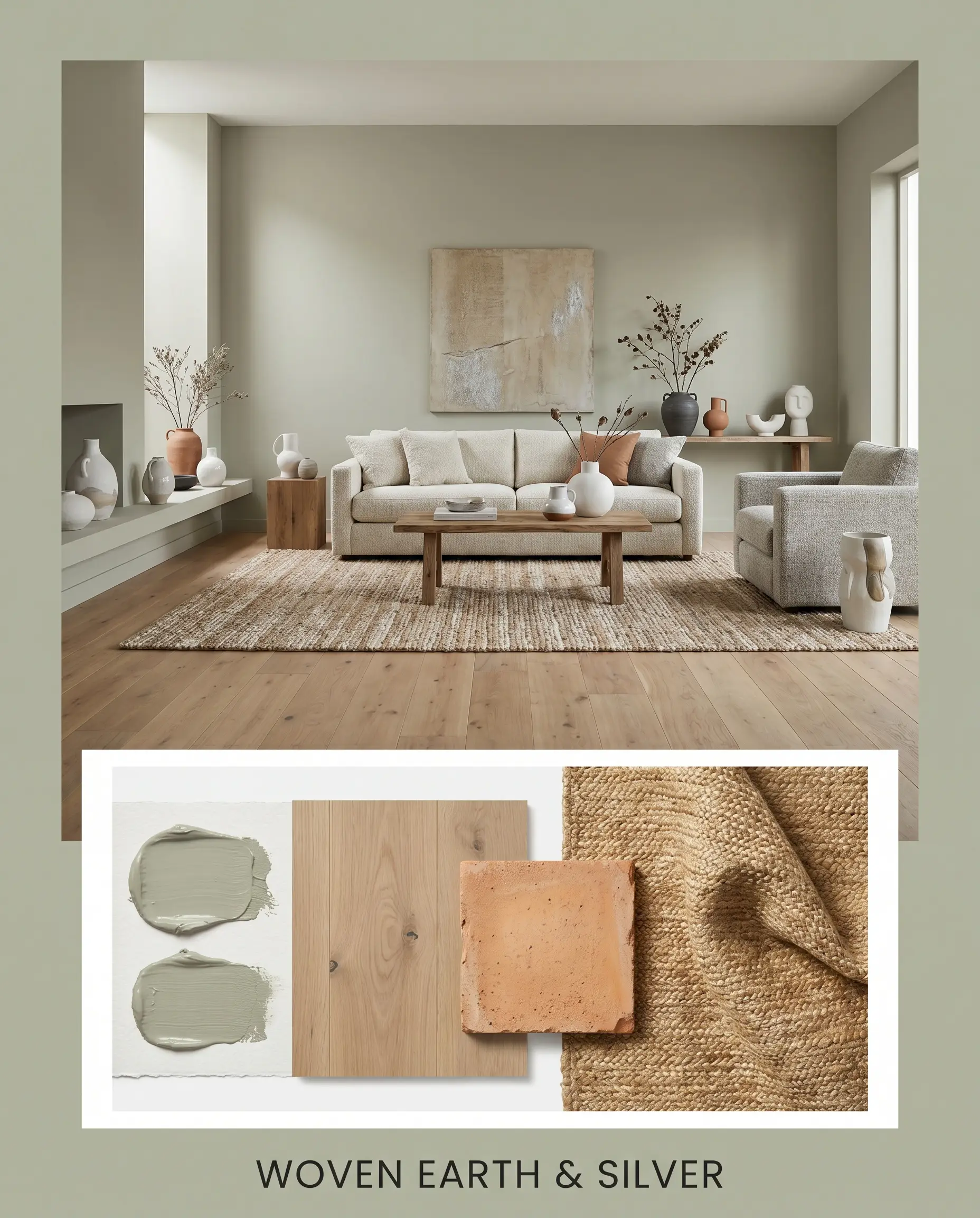 An editorial magazine layout pairs a photorealistic living room with a flat-lay inset containing raw terracotta tile, woven jute fabric, and white oak swatches.