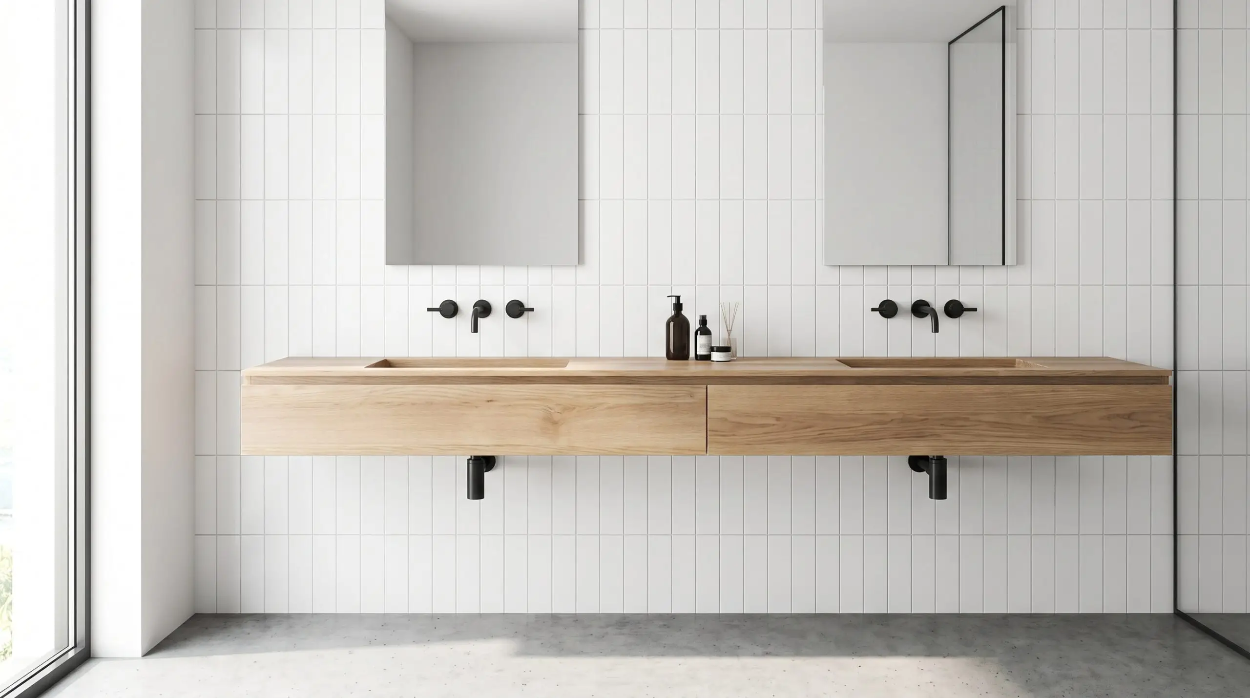 Oversized elongated white tiles in a modern vertical straight stack layout minimize grout lines behind a minimalist natural ash wood double vanity and matte black fixtures.